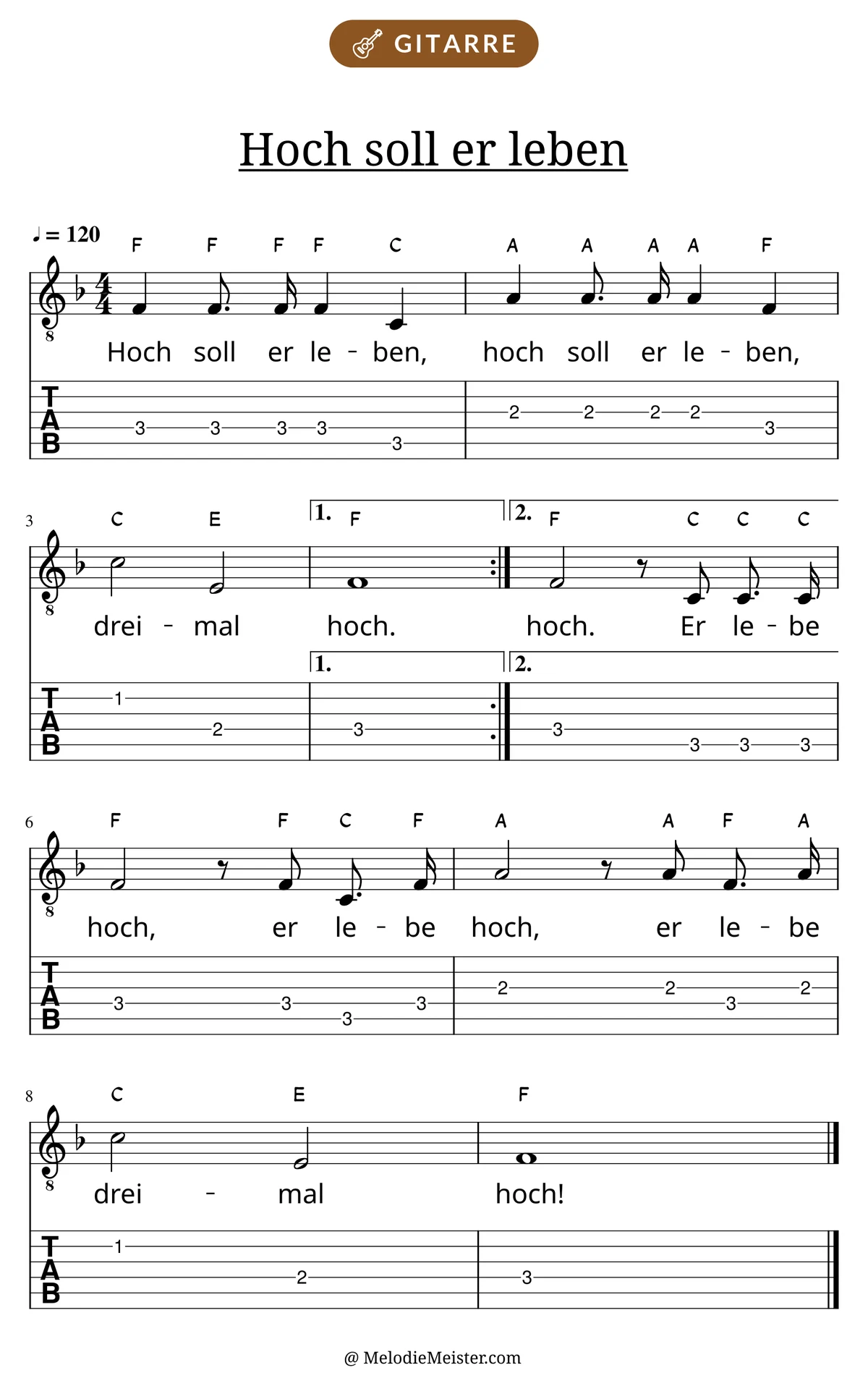 Notenblatt „Hoch soll er leben“ für Gitarre: Melodie mit Buchstaben über den Noten, darunter der Liedtext und die Gitarren-Tabulatur mit Bundzahlen.