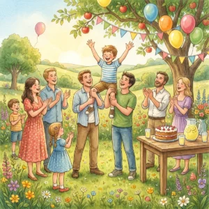 Freunde heben bei einem Gartenfest ein lachendes Geburtstagskind in die Luft, Luftballons und Wimpel hängen im Apfelbaum, auf dem Tisch steht eine Torte.