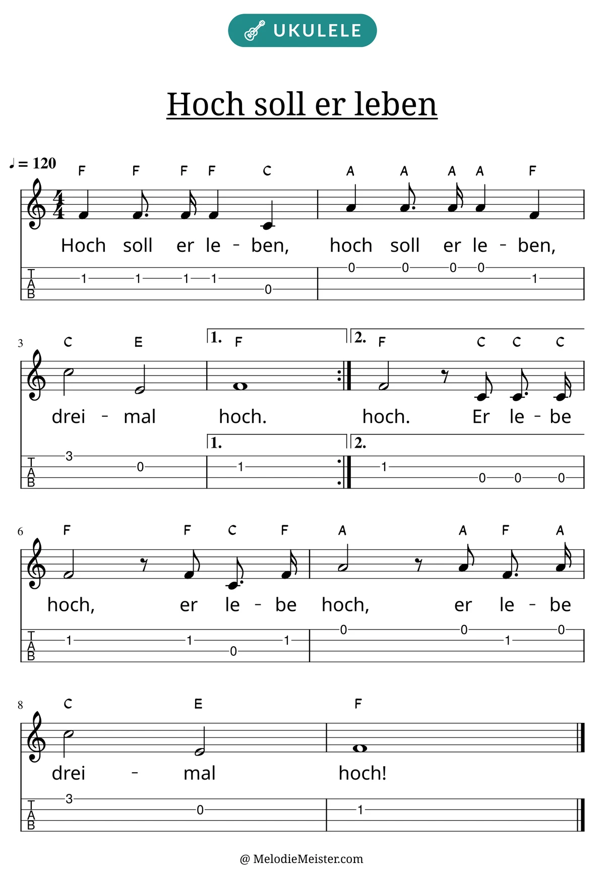 Notenblatt „Hoch soll er leben“ für Ukulele: Melodie mit Buchstaben über den Noten, darunter der Liedtext und die Ukulele-Tabulatur mit Bundzahlen.