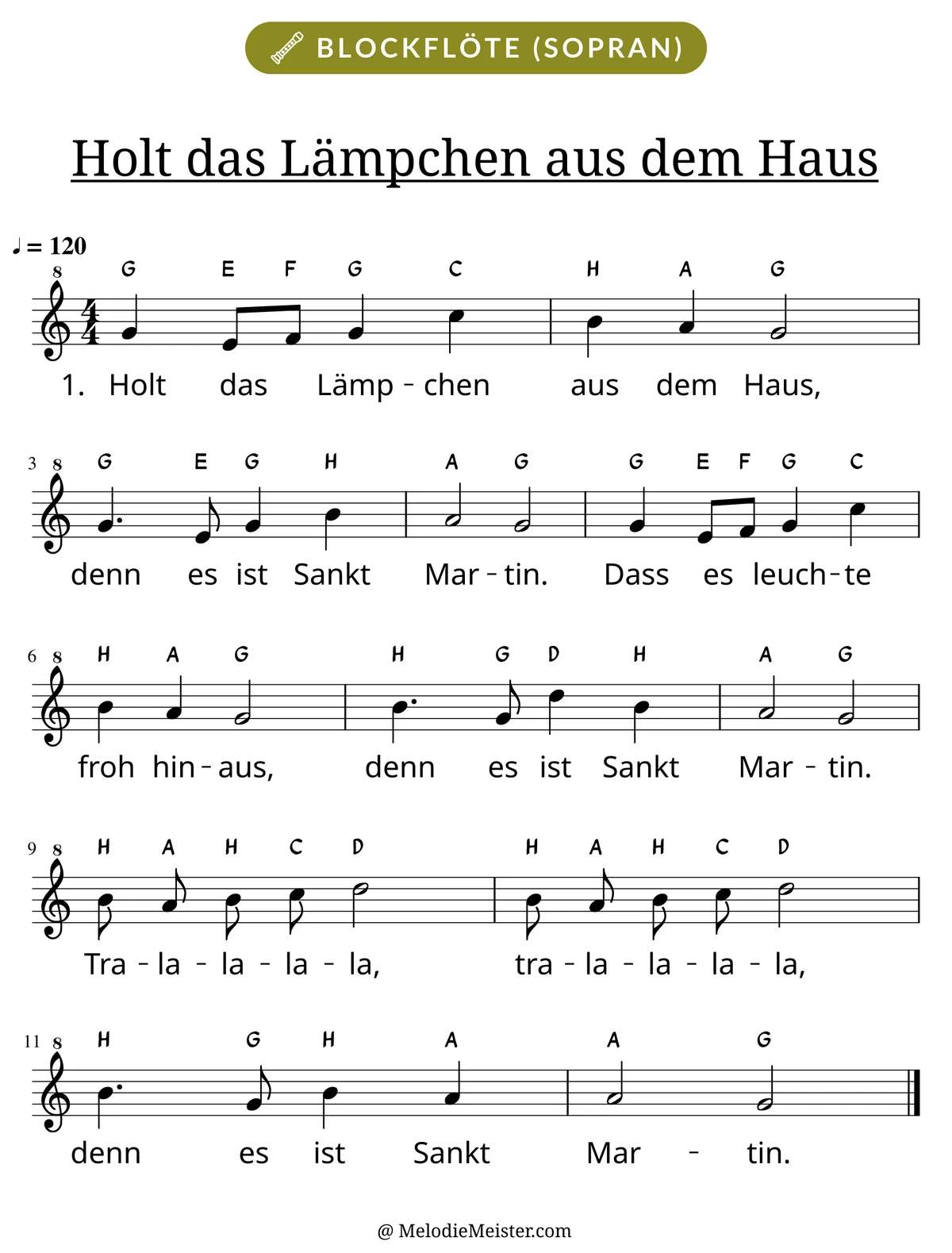 Notenblatt „Holt das Lämpchen aus dem Haus“ für Blockflöte: Melodie mit Buchstaben über den Noten, darunter der Liedtext der 1. Strophe.