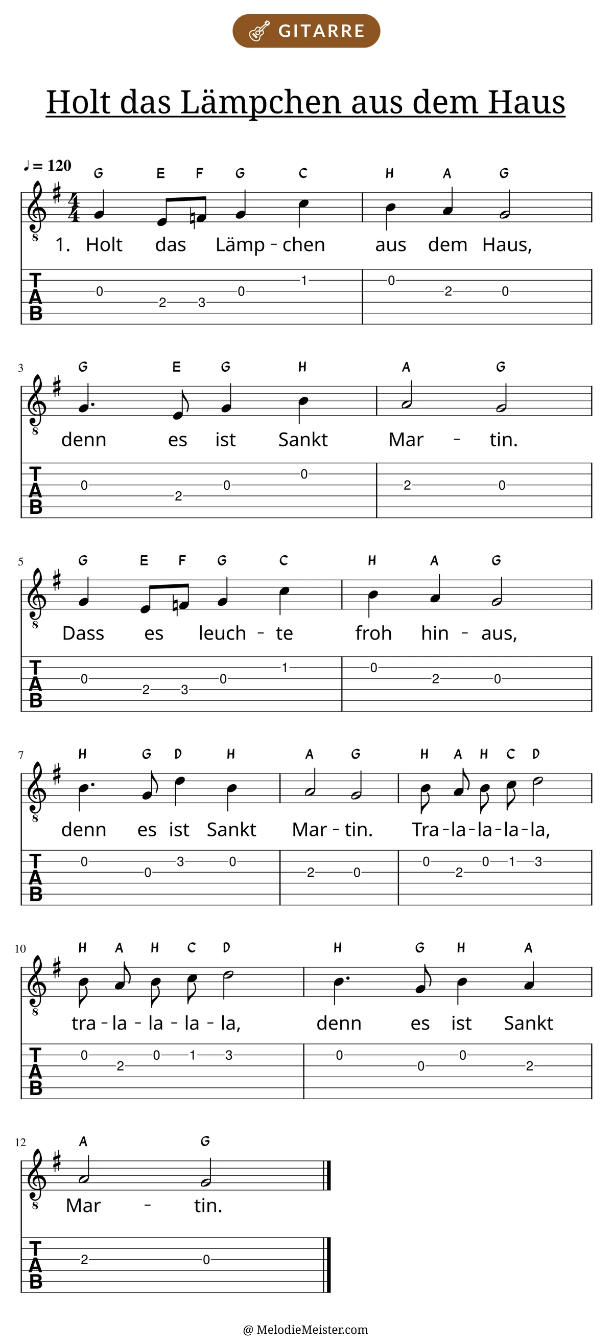 Notenblatt „Holt das Lämpchen aus dem Haus“ für Gitarre: Melodie mit Buchstaben über den Noten, darunter der Liedtext der 1. Strophe und die Gitarren-Tabulatur mit Bundzahlen.