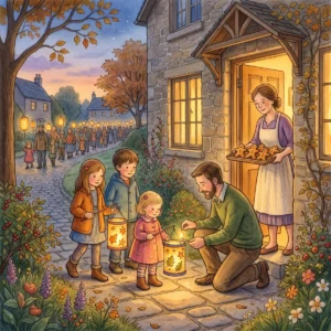 Ein Vater zündet vor einem Haus die Laterne eines kleinen Mädchens an, eine Frau bringt ein Blech mit Gebäck, im Hintergrund zieht ein Laternenumzug vorbei.