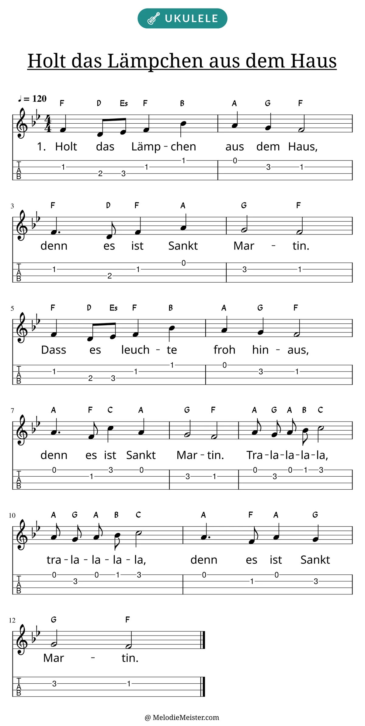 Notenblatt „Holt das Lämpchen aus dem Haus“ für Ukulele: Melodie mit Buchstaben über den Noten, darunter der Liedtext der 1. Strophe und die Ukulele-Tabulatur mit Bundzahlen.