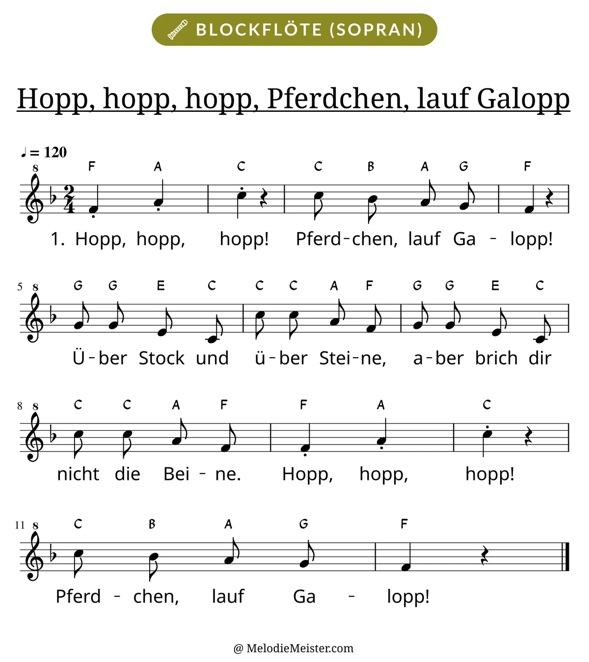 Notenblatt „Hopp, hopp, hopp, Pferdchen, lauf Galopp“ für Blockflöte: Melodie mit Buchstaben über den Noten, darunter der Liedtext der 1. Strophe.