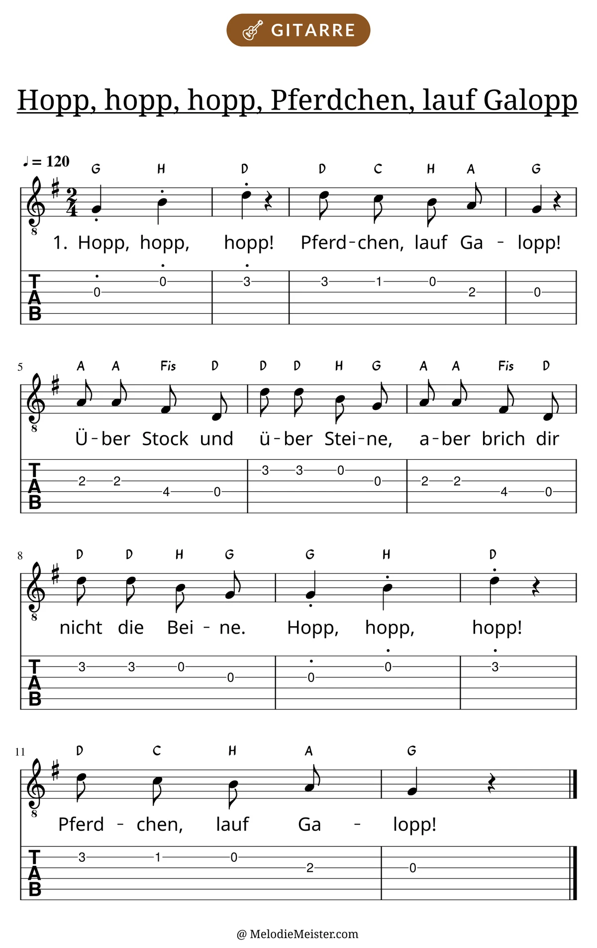 Notenblatt „Hopp, hopp, hopp, Pferdchen, lauf Galopp“ für Gitarre: Melodie mit Buchstaben über den Noten, darunter der Liedtext der 1. Strophe und die Gitarren-Tabulatur mit Bundzahlen.