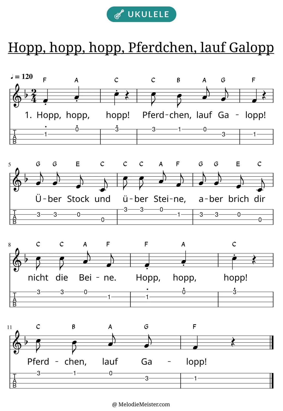 Notenblatt „Hopp, hopp, hopp, Pferdchen, lauf Galopp“ für Ukulele: Melodie mit Buchstaben über den Noten, darunter der Liedtext der 1. Strophe und die Ukulele-Tabulatur mit Bundzahlen.