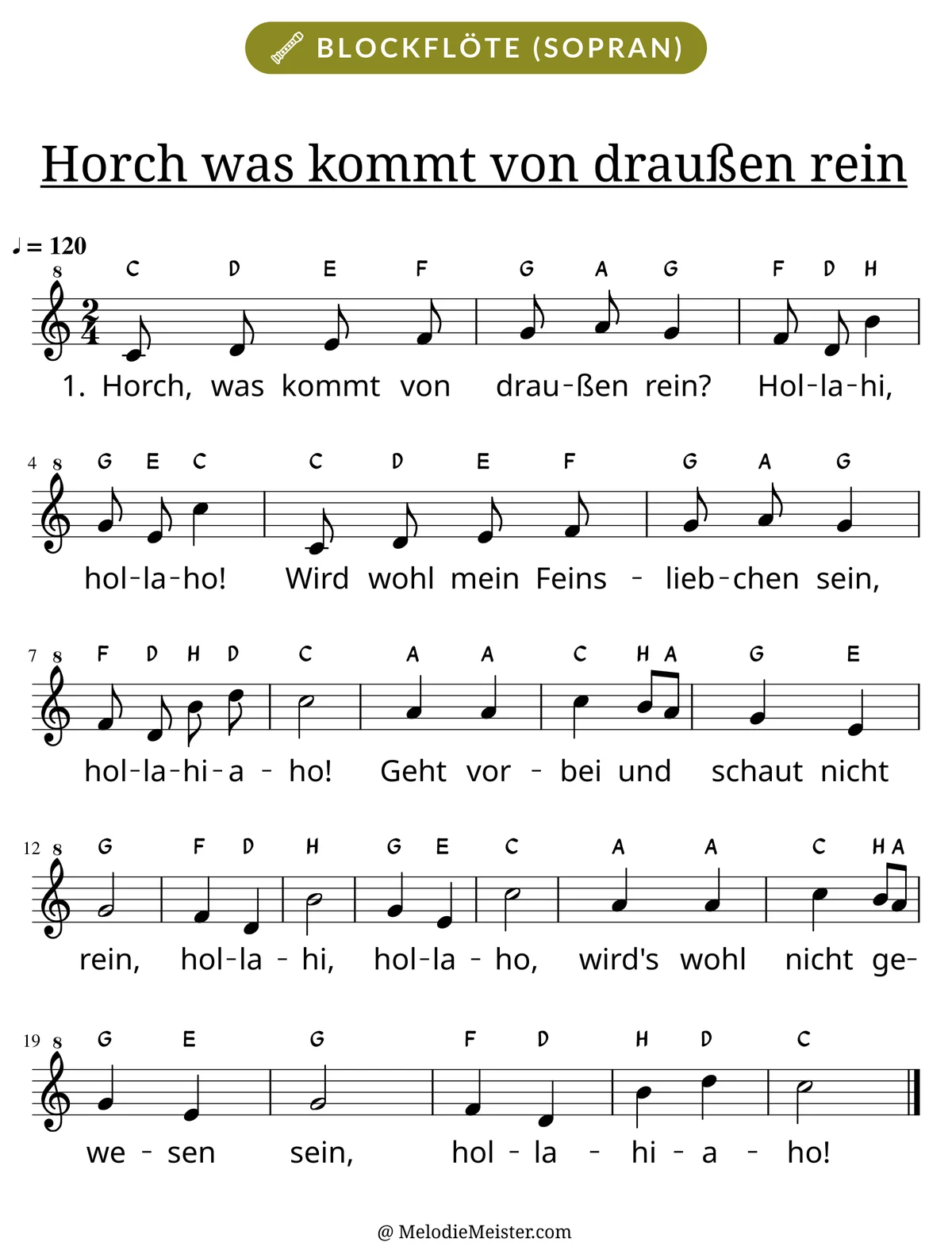Notenblatt „Horch was kommt von draußen rein“ für Blockflöte: Melodie mit Buchstaben über den Noten, darunter der Liedtext der 1. Strophe.