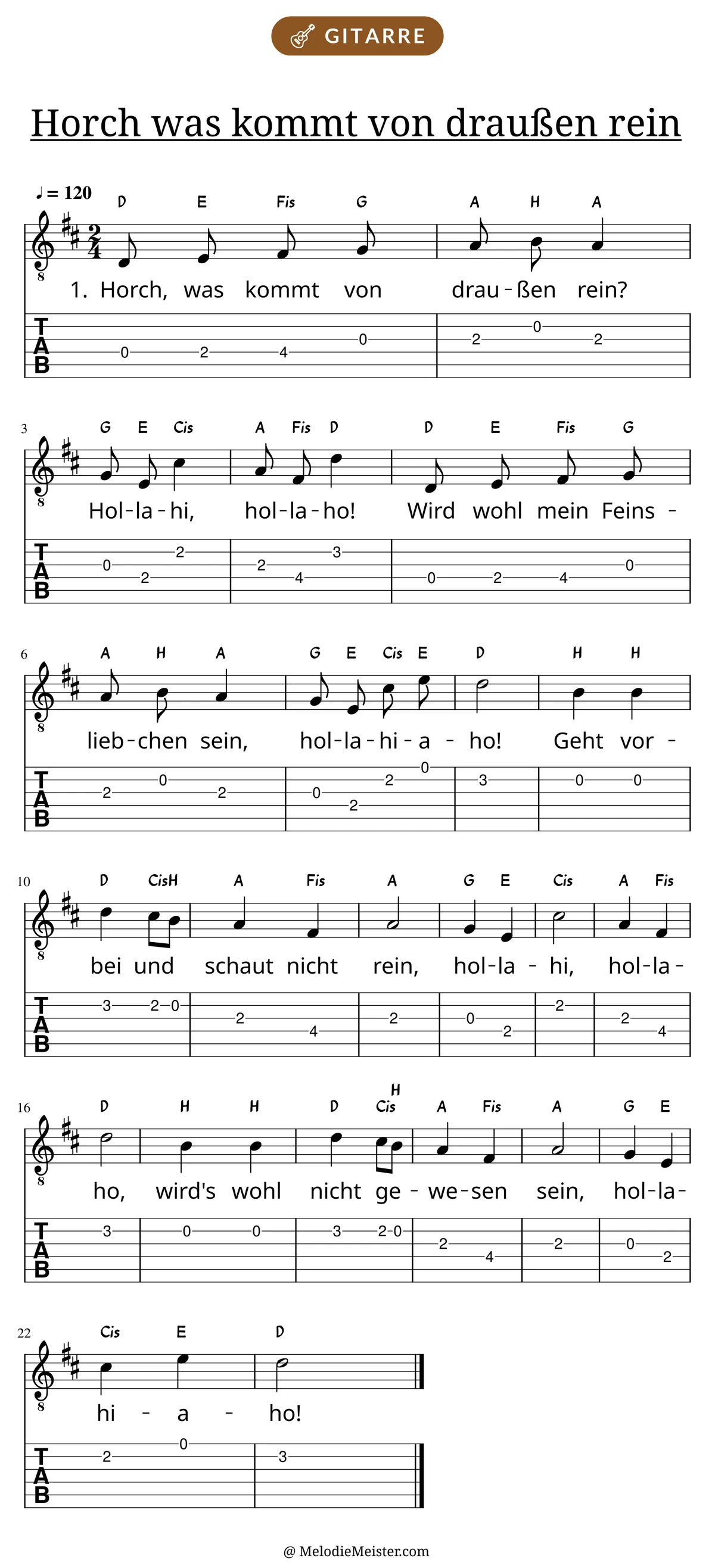 Notenblatt „Horch was kommt von draußen rein“ für Gitarre: Melodie mit Buchstaben über den Noten, darunter der Liedtext der 1. Strophe und die Gitarren-Tabulatur mit Bundzahlen.