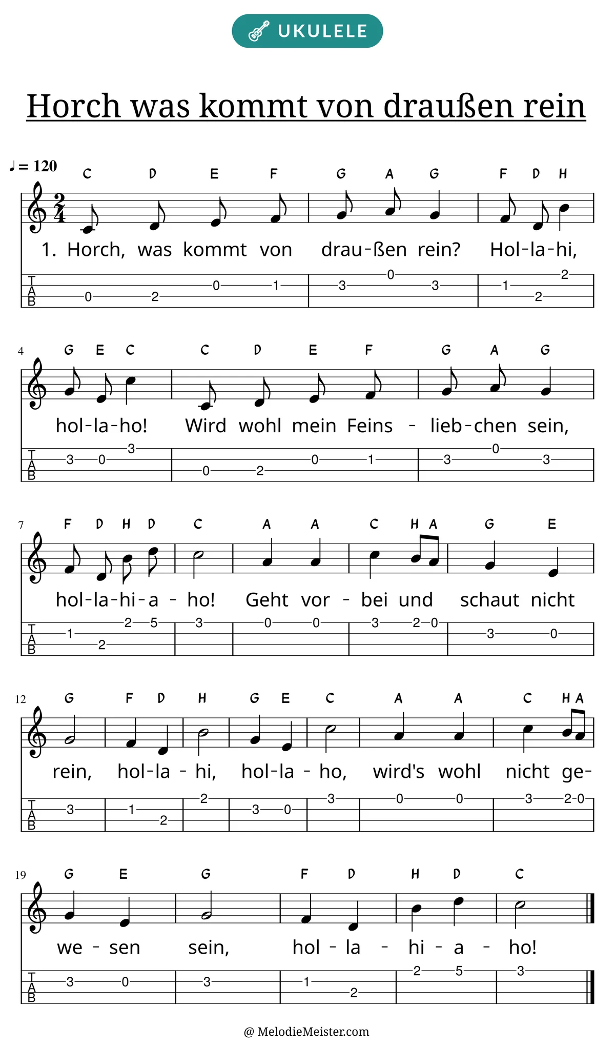 Notenblatt „Horch was kommt von draußen rein“ für Ukulele: Melodie mit Buchstaben über den Noten, darunter der Liedtext der 1. Strophe und die Ukulele-Tabulatur mit Bundzahlen.