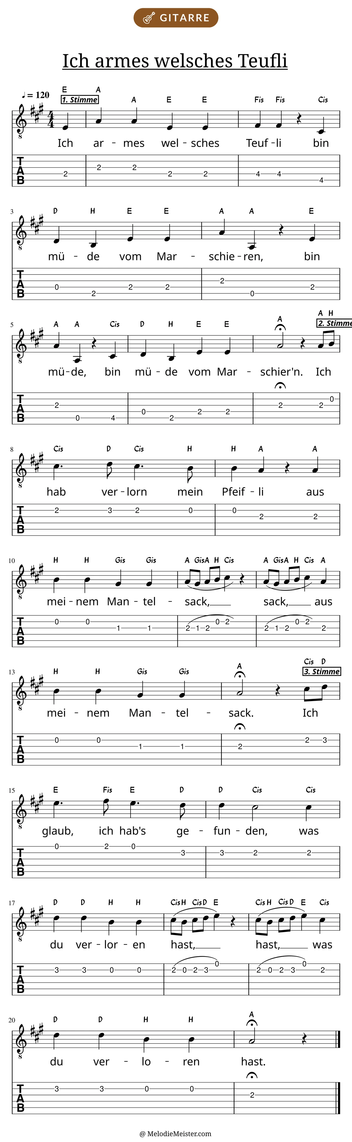Notenblatt „Ich armes welsches Teufli“ für Gitarre: Melodie mit Buchstaben über den Noten, darunter der Liedtext und die Gitarren-Tabulatur mit Bundzahlen.