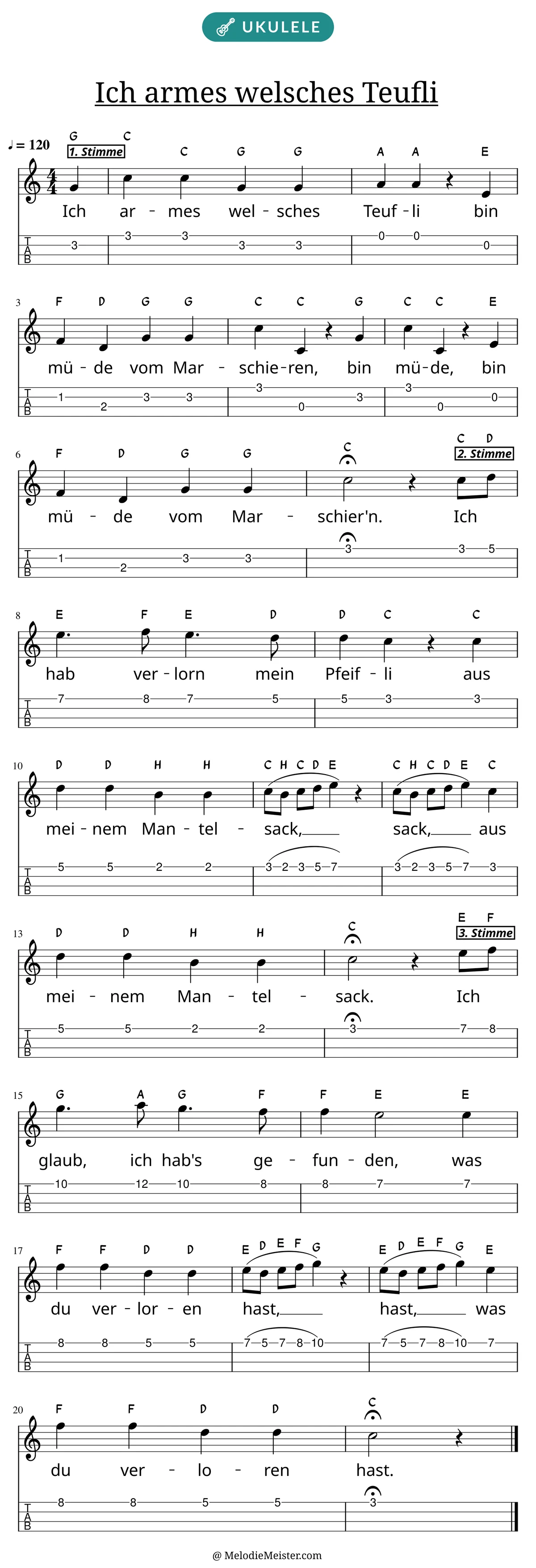 Notenblatt „Ich armes welsches Teufli“ für Ukulele: Melodie mit Buchstaben über den Noten, darunter der Liedtext und die Ukulele-Tabulatur mit Bundzahlen.