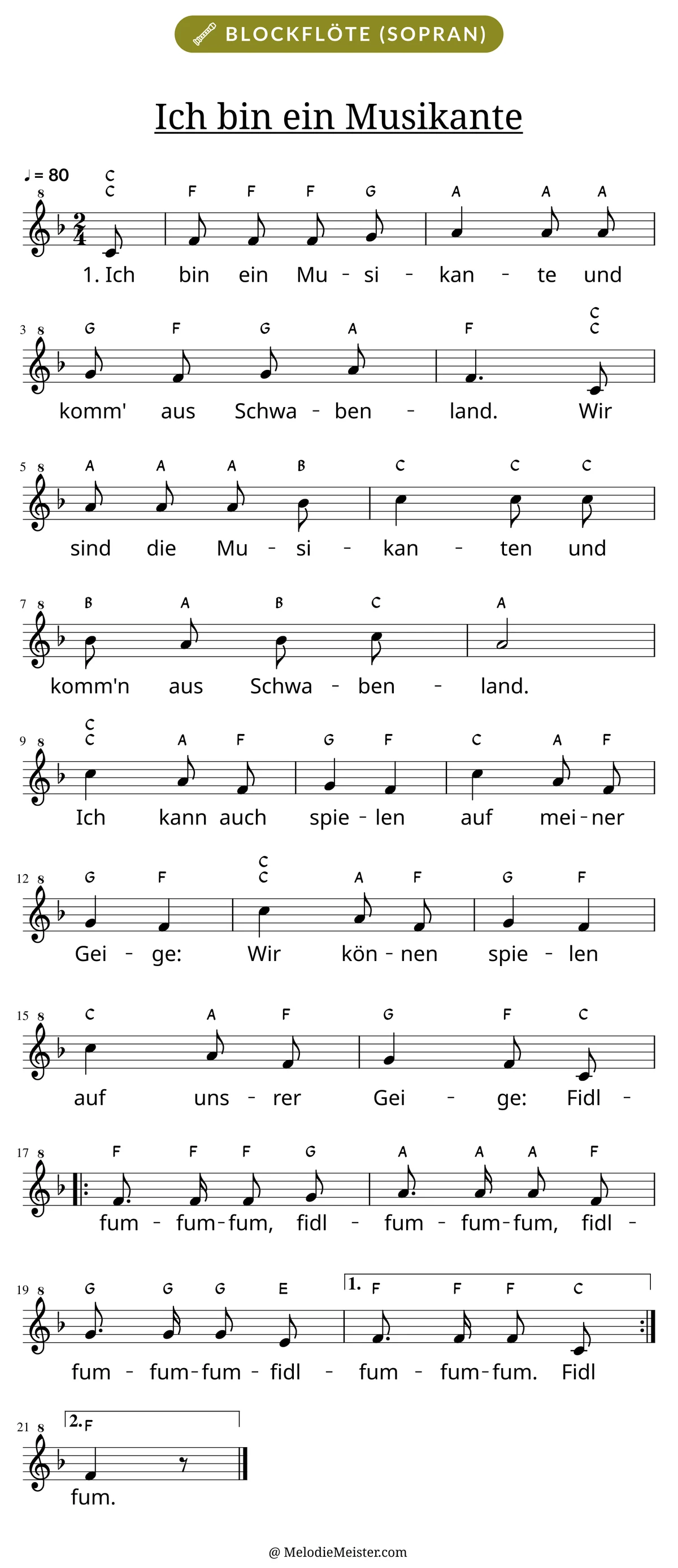 Notenblatt „Ich bin ein Musikante“ für Blockflöte: Melodie mit Buchstaben über den Noten, darunter der Liedtext der 1. Strophe.