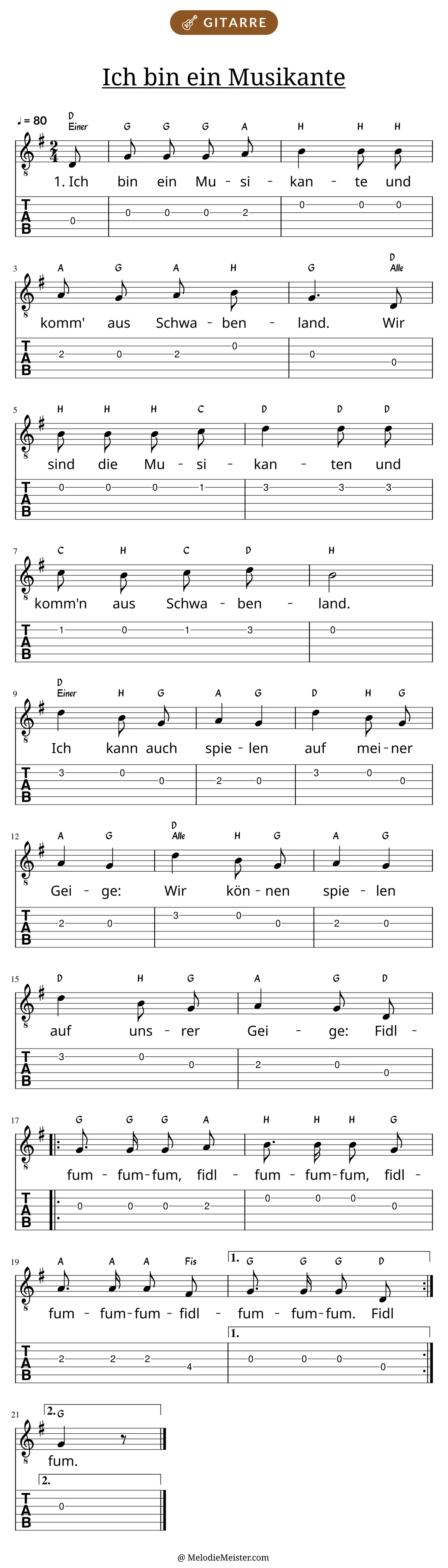 Notenblatt „Ich bin ein Musikante“ für Gitarre: Melodie mit Buchstaben über den Noten, darunter der Liedtext der 1. Strophe und die Gitarren-Tabulatur mit Bundzahlen.
