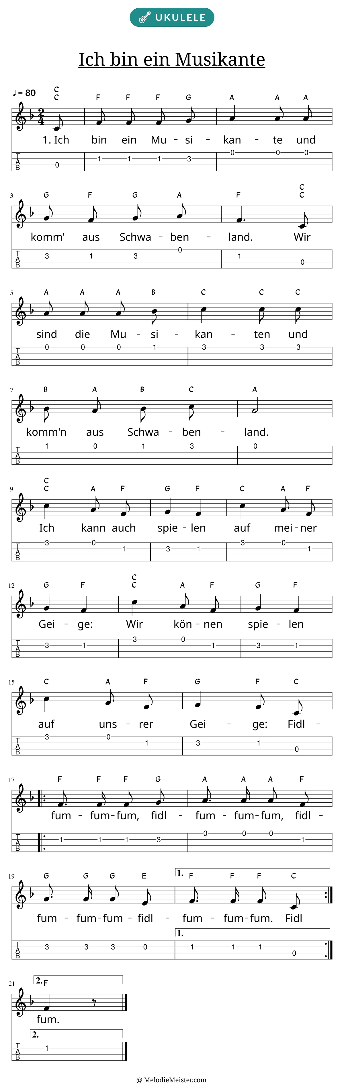 Notenblatt „Ich bin ein Musikante“ für Ukulele: Melodie mit Buchstaben über den Noten, darunter der Liedtext der 1. Strophe und die Ukulele-Tabulatur mit Bundzahlen.