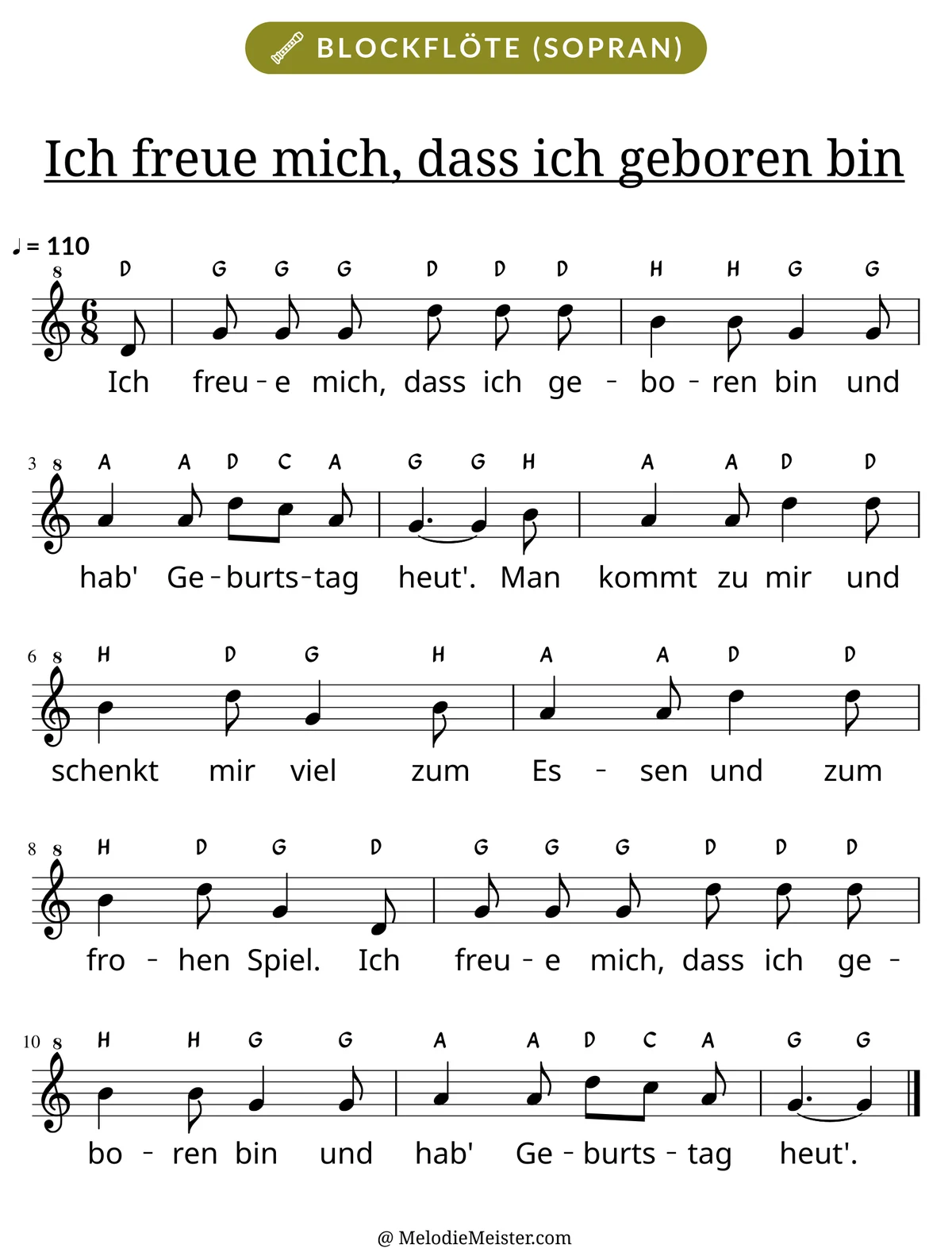 Notenblatt „Ich freue mich, dass ich geboren bin“ für Blockflöte: Melodie mit Buchstaben über den Noten, darunter der Liedtext.