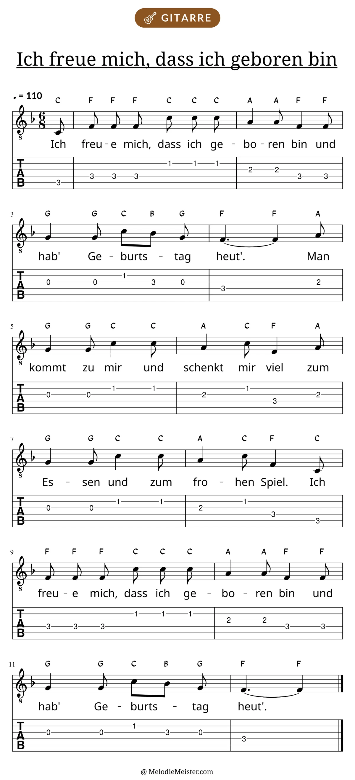 Notenblatt „Ich freue mich, dass ich geboren bin“ für Gitarre: Melodie mit Buchstaben über den Noten, darunter der Liedtext und die Gitarren-Tabulatur mit Bundzahlen.