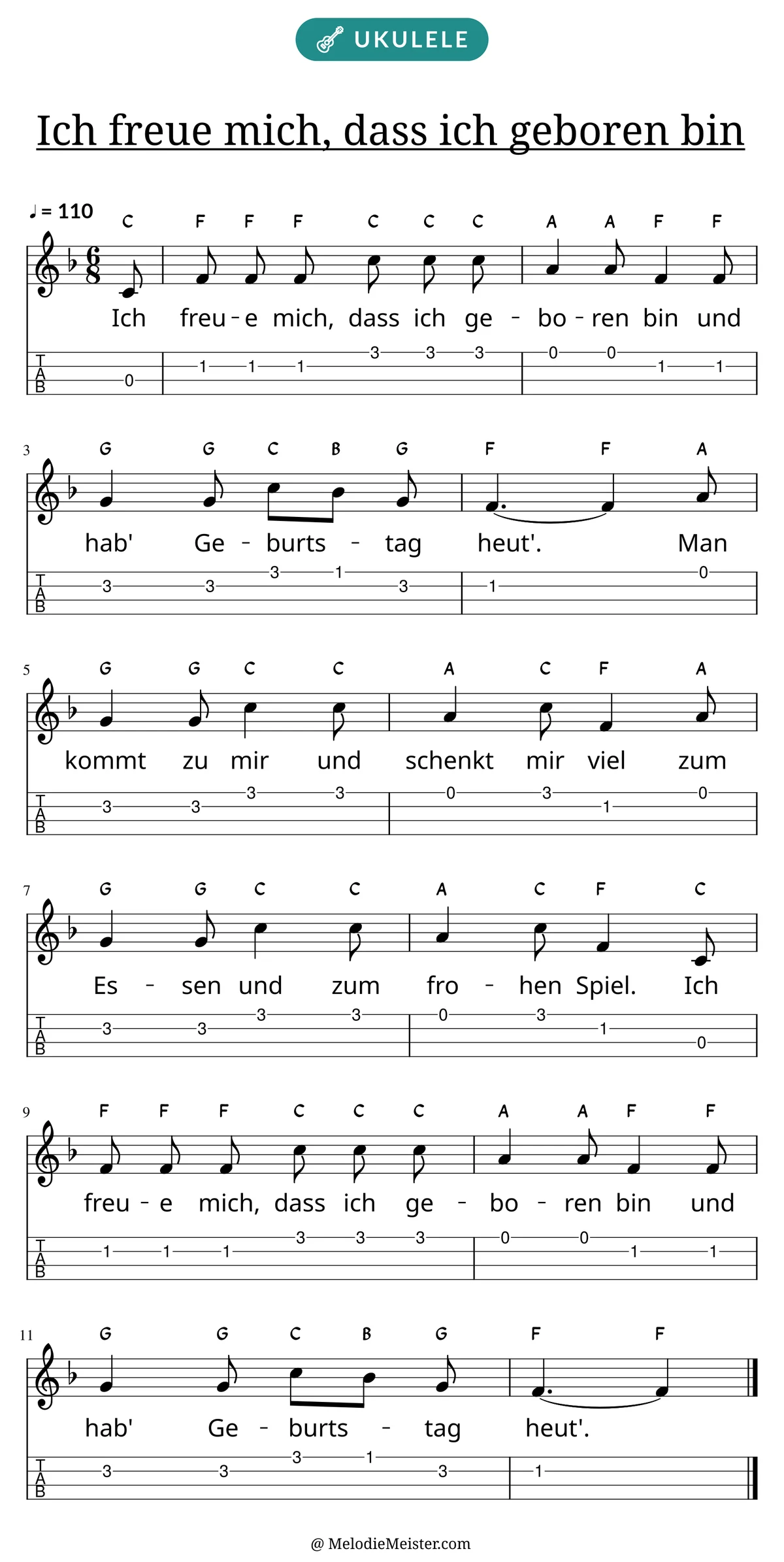 Notenblatt „Ich freue mich, dass ich geboren bin“ für Ukulele: Melodie mit Buchstaben über den Noten, darunter der Liedtext und die Ukulele-Tabulatur mit Bundzahlen.