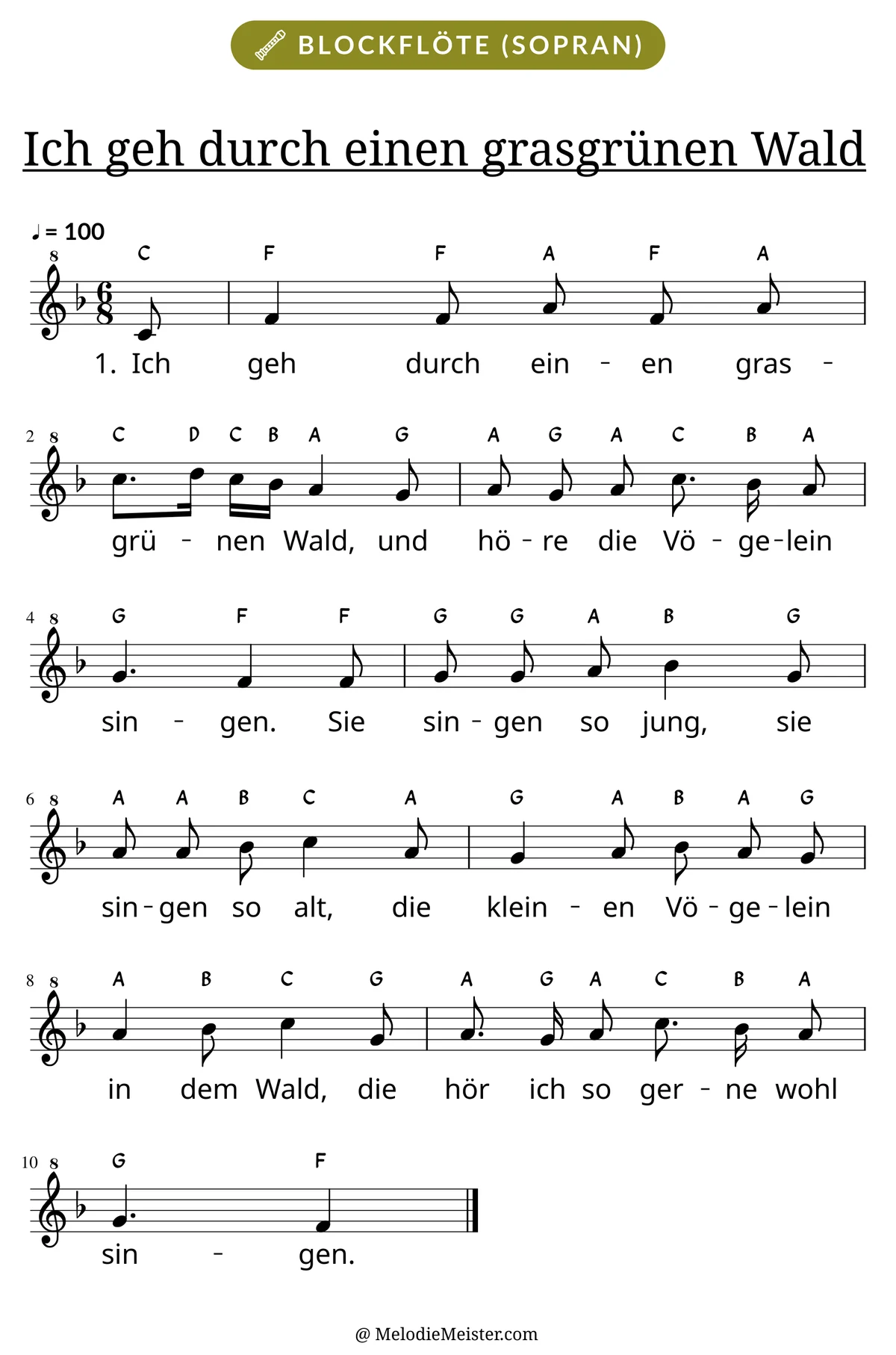 Notenblatt „Ich geh durch einen grasgrünen Wald“ für Blockflöte: Melodie mit Buchstaben über den Noten, darunter der Liedtext der 1. Strophe.