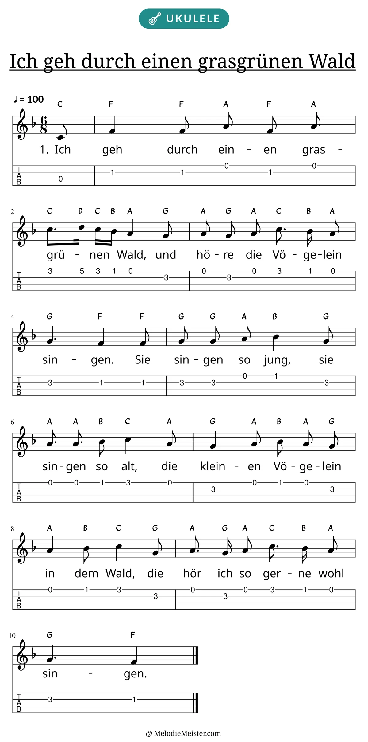 Notenblatt „Ich geh durch einen grasgrünen Wald“ für Ukulele: Melodie mit Buchstaben über den Noten, darunter der Liedtext der 1. Strophe und die Ukulele-Tabulatur mit Bundzahlen.