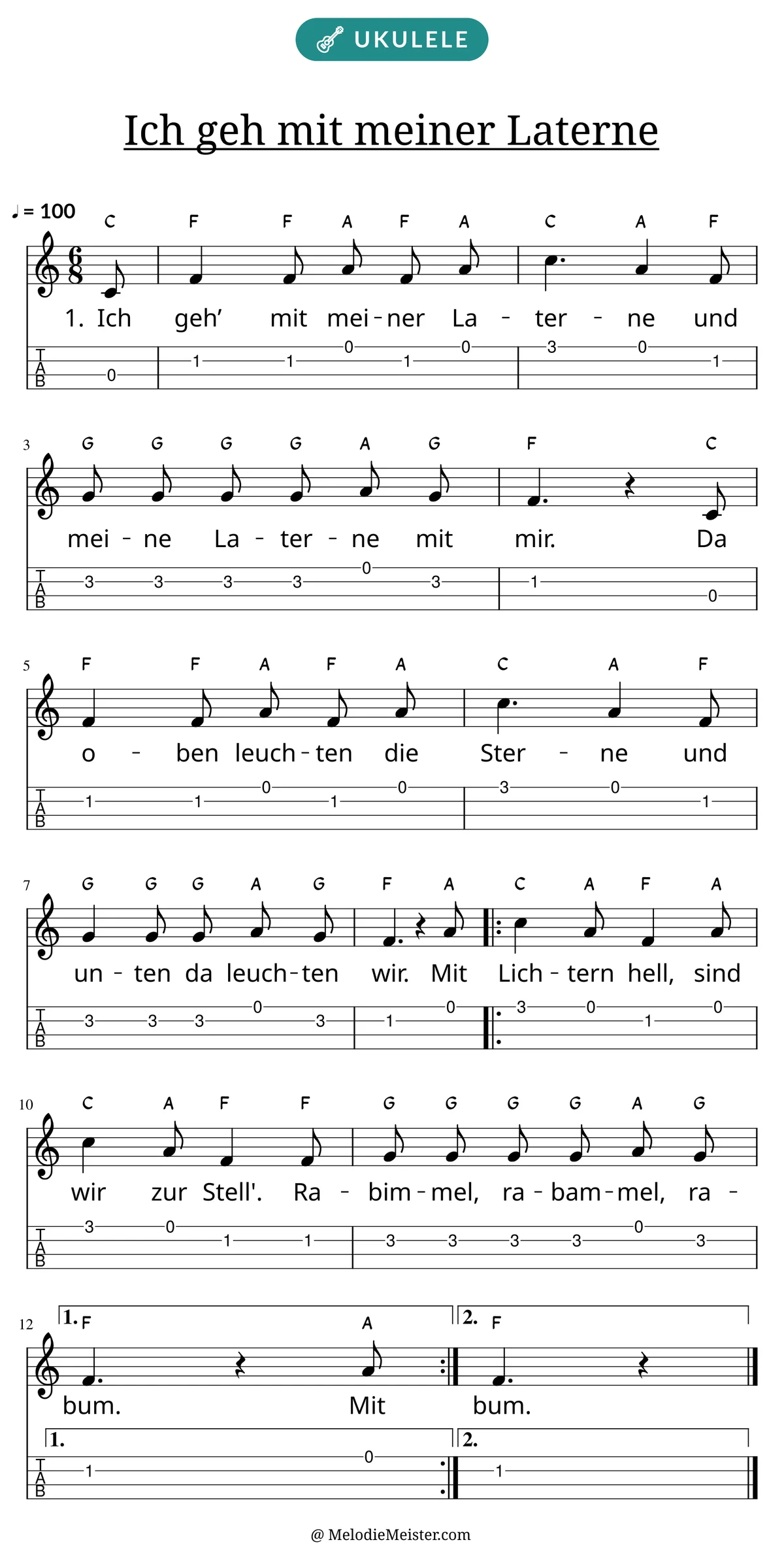 Notenblatt „Ich geh mit meiner Laterne“ für Ukulele: Melodie mit Buchstaben über den Noten, darunter der Liedtext der 1. Strophe und die Ukulele-Tabulatur mit Bundzahlen.