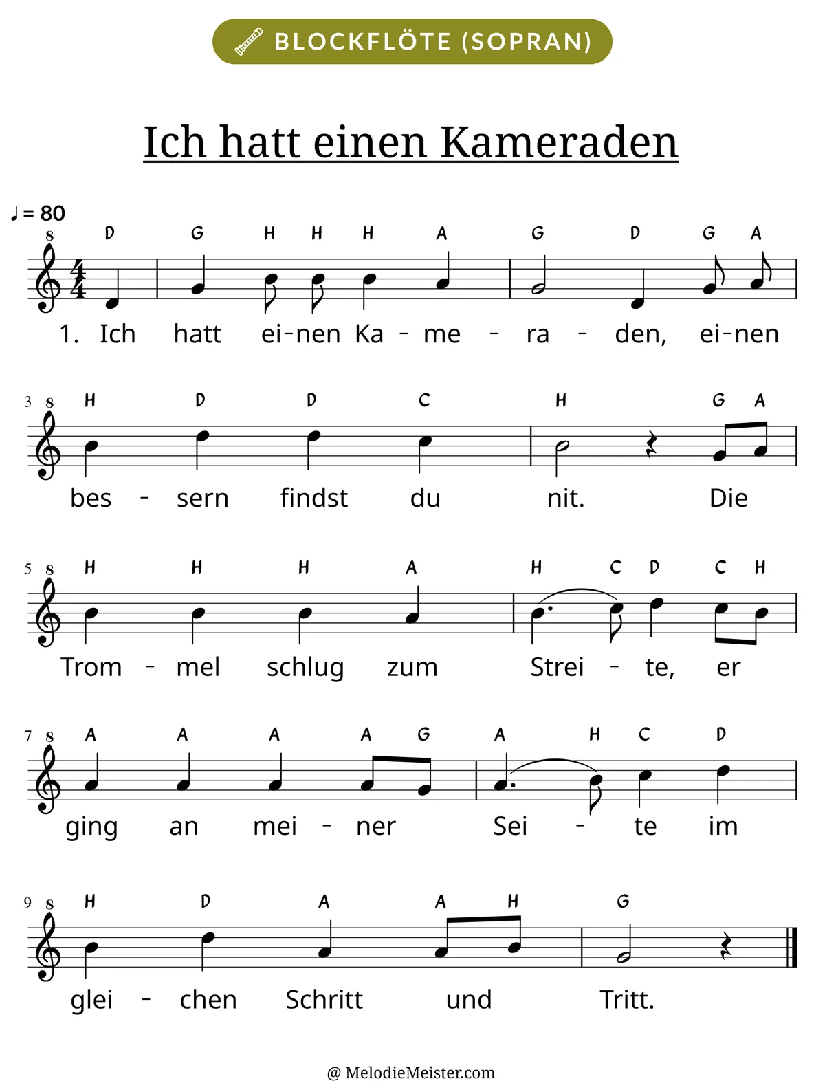 Notenblatt „Ich hatt einen Kameraden“ für Blockflöte: Melodie mit Buchstaben über den Noten, darunter der Liedtext der 1. Strophe.