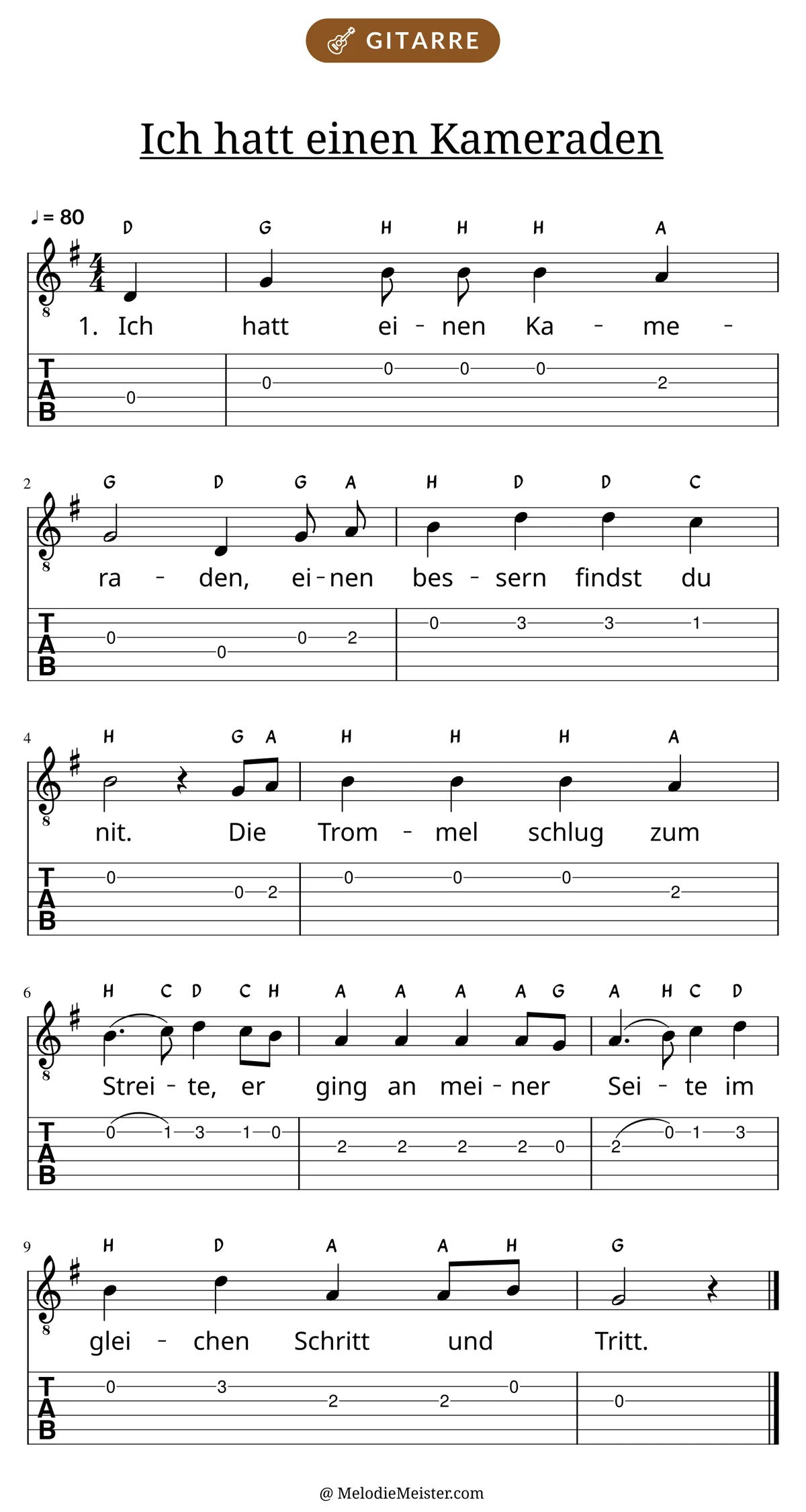 Notenblatt „Ich hatt einen Kameraden“ für Gitarre: Melodie mit Buchstaben über den Noten, darunter der Liedtext der 1. Strophe und die Gitarren-Tabulatur mit Bundzahlen.