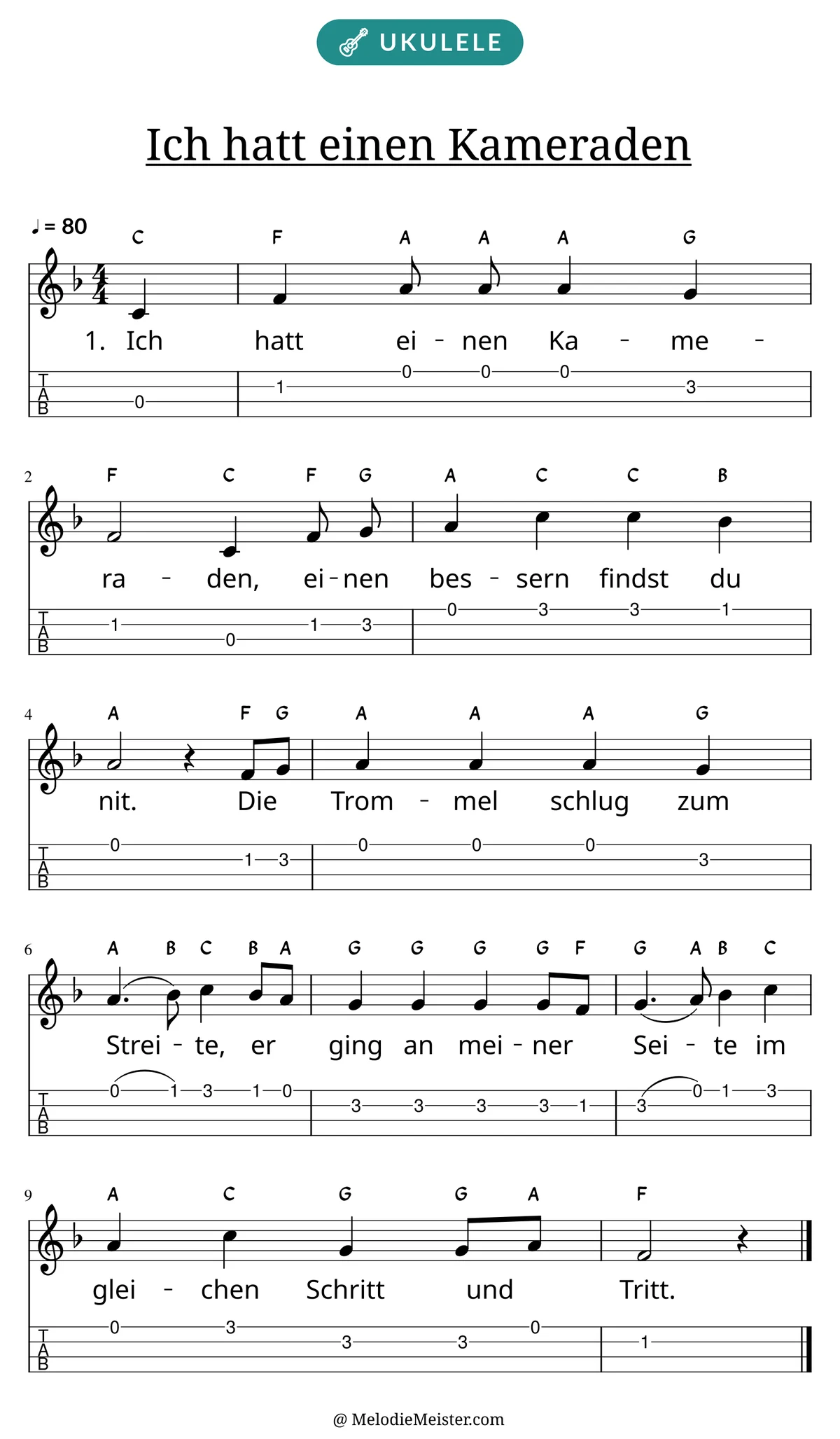 Notenblatt „Ich hatt einen Kameraden“ für Ukulele: Melodie mit Buchstaben über den Noten, darunter der Liedtext der 1. Strophe und die Ukulele-Tabulatur mit Bundzahlen.