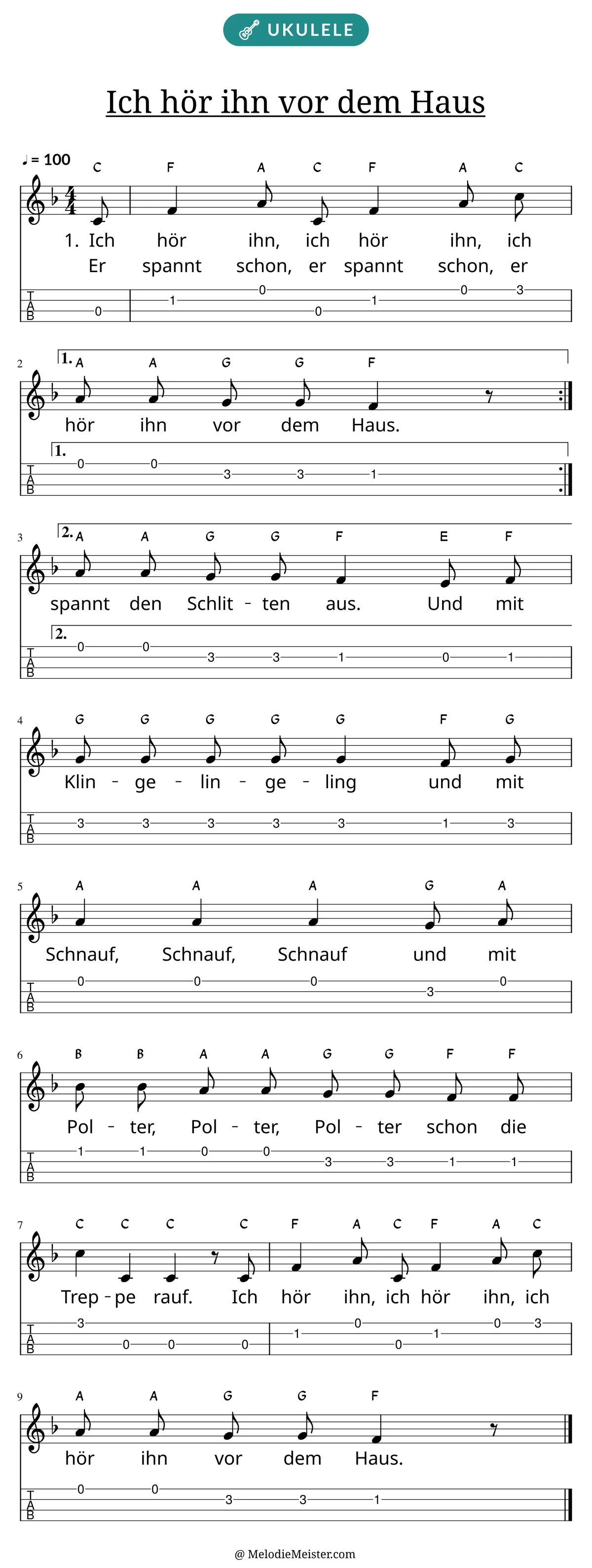 Notenblatt „Ich hör ihn vor dem Haus“ für Ukulele: Melodie mit Buchstaben über den Noten, darunter der Liedtext der ersten beiden Strophen und die Ukulele-Tabulatur mit Bundzahlen.