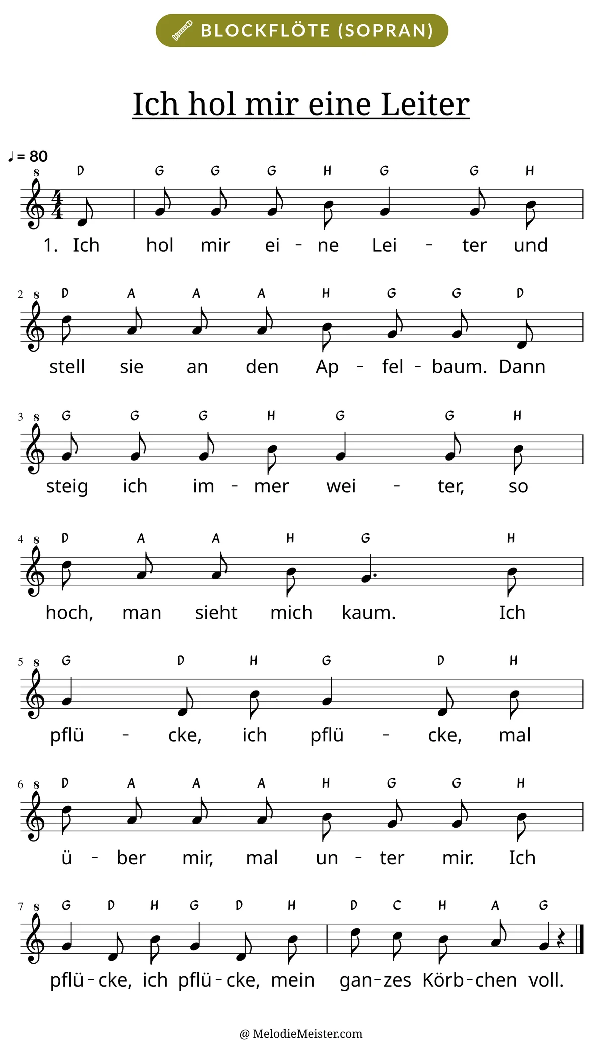 Notenblatt „Ich hol mir eine Leiter“ für Blockflöte: Melodie mit Buchstaben über den Noten, darunter der Liedtext der 1. Strophe.