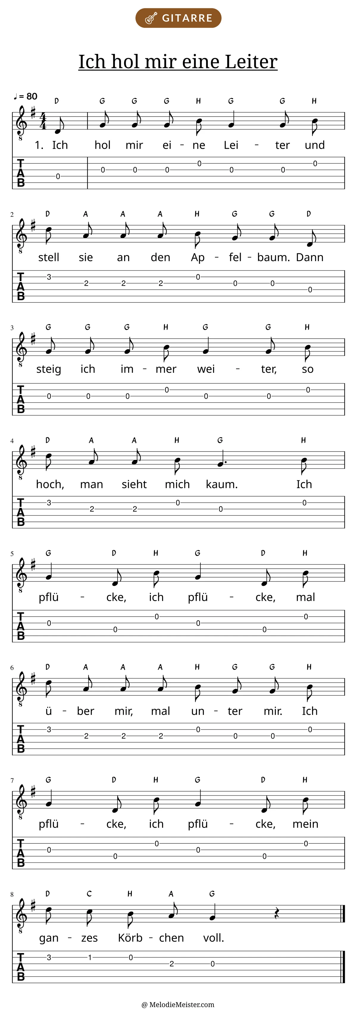 Notenblatt „Ich hol mir eine Leiter“ für Gitarre: Melodie mit Buchstaben über den Noten, darunter der Liedtext der 1. Strophe und die Gitarren-Tabulatur mit Bundzahlen.