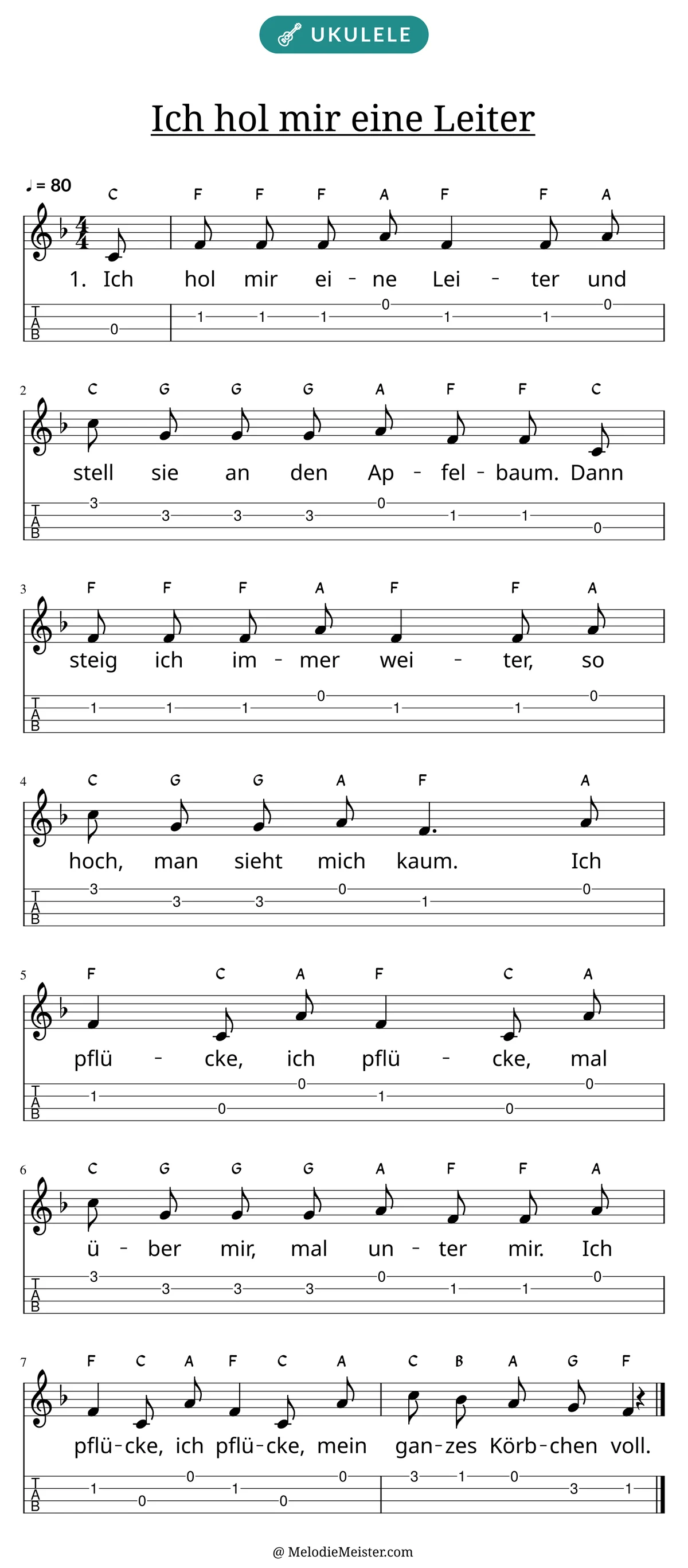 Notenblatt „Ich hol mir eine Leiter“ für Ukulele: Melodie mit Buchstaben über den Noten, darunter der Liedtext der 1. Strophe und die Ukulele-Tabulatur mit Bundzahlen.