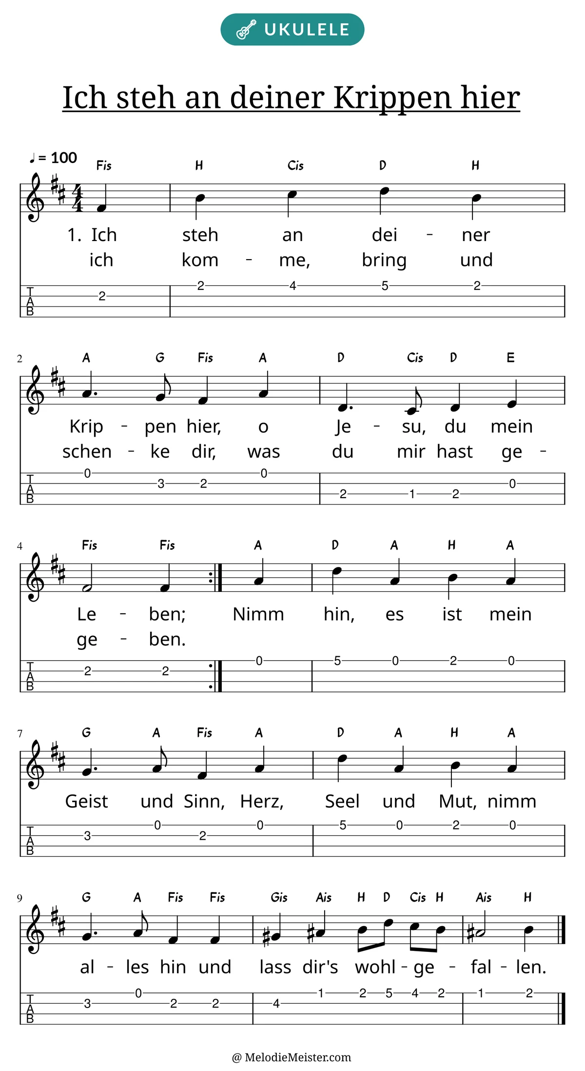 Notenblatt „Ich steh an deiner Krippen hier“ für Ukulele: Melodie mit Buchstaben über den Noten, darunter der Liedtext der ersten beiden Strophen und die Ukulele-Tabulatur mit Bundzahlen.