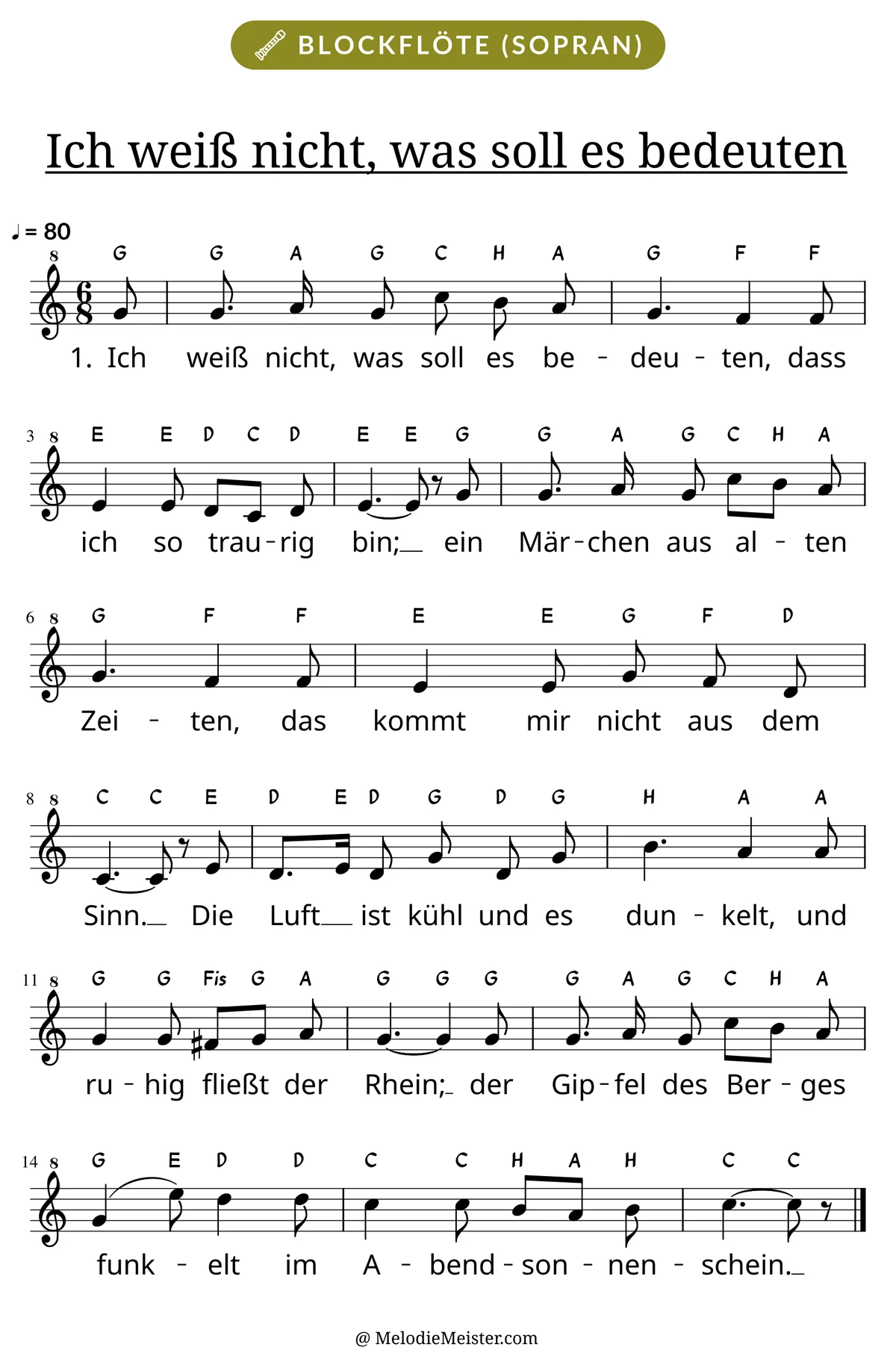 Notenblatt „Ich weiß nicht, was soll es bedeuten“ für Blockflöte: Melodie mit Buchstaben über den Noten, darunter der Liedtext der 1. Strophe.