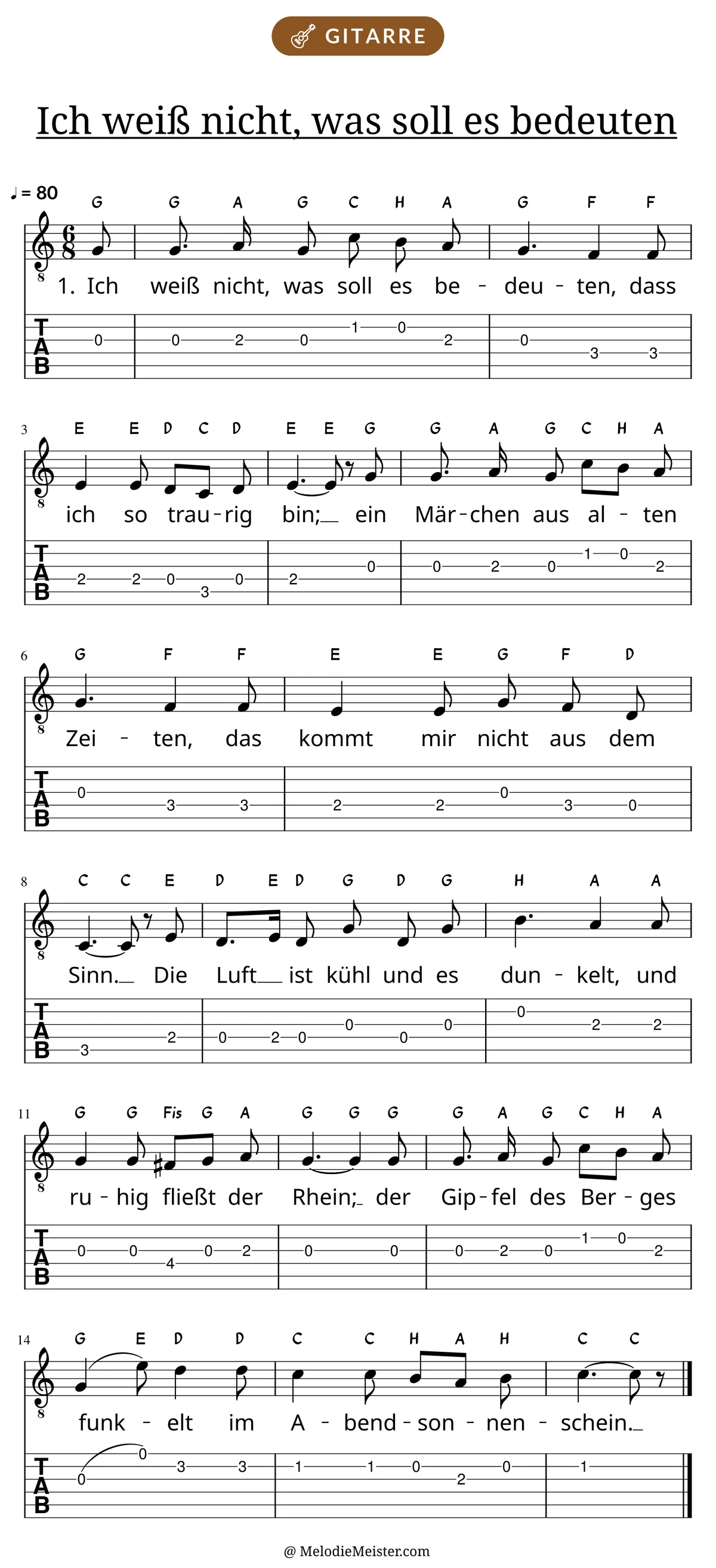 Notenblatt „Ich weiß nicht, was soll es bedeuten“ für Gitarre: Melodie mit Buchstaben über den Noten, darunter der Liedtext der 1. Strophe und die Gitarren-Tabulatur mit Bundzahlen.