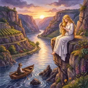 Die Loreley im weißen Kleid kämmt auf einem hohen Felsen über dem Rhein ihr langes goldenes Haar, unten rudert ein Schiffer in seinem Boot, Abendlicht.