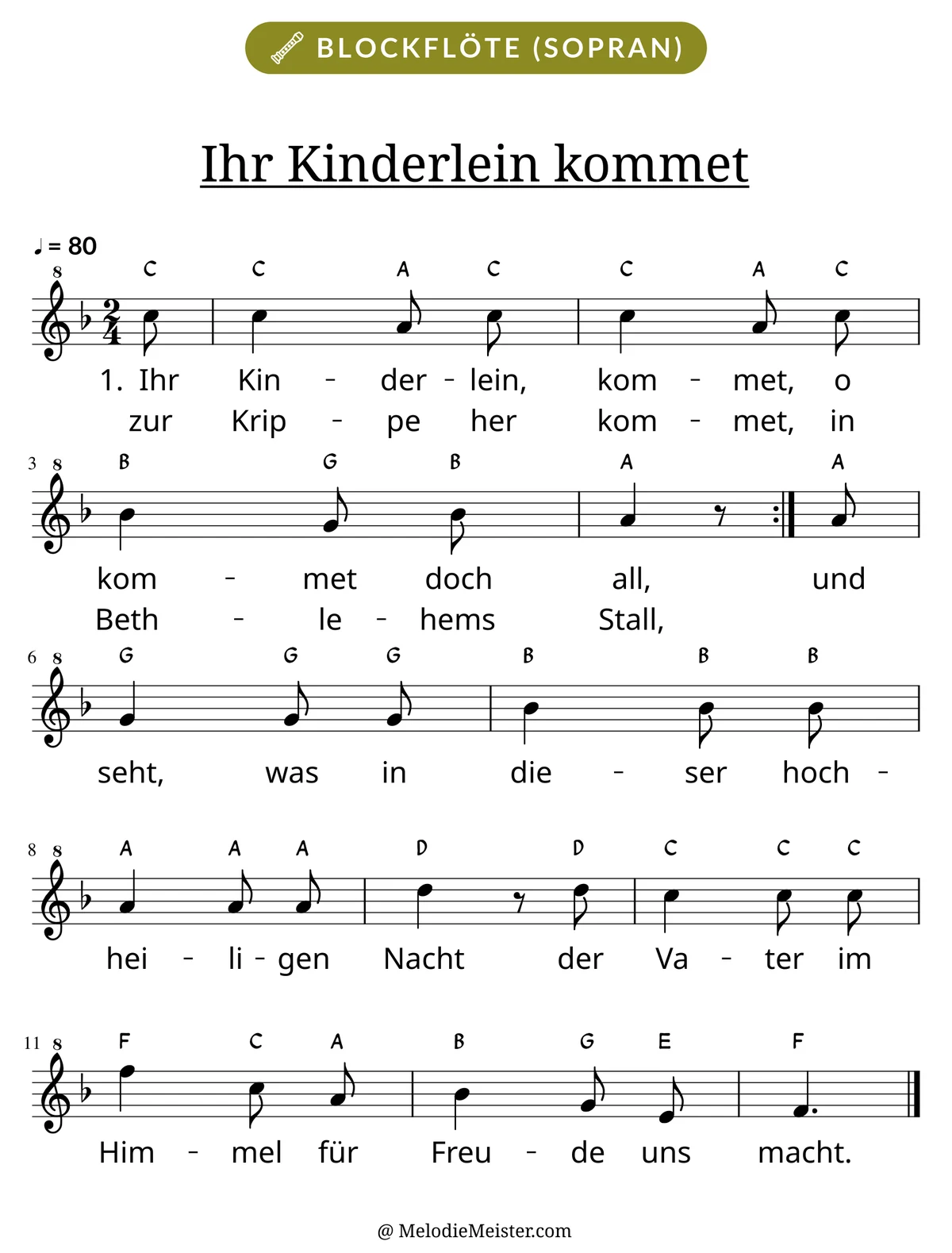 Notenblatt „Ihr Kinderlein kommet“ für Blockflöte: Melodie mit Buchstaben über den Noten, darunter der Liedtext der ersten beiden Strophen.