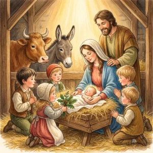 Kinder knien im warm beleuchteten Stall an der Krippe mit dem Jesuskind, Maria und Josef schauen liebevoll zu, Ochs und Esel daneben.