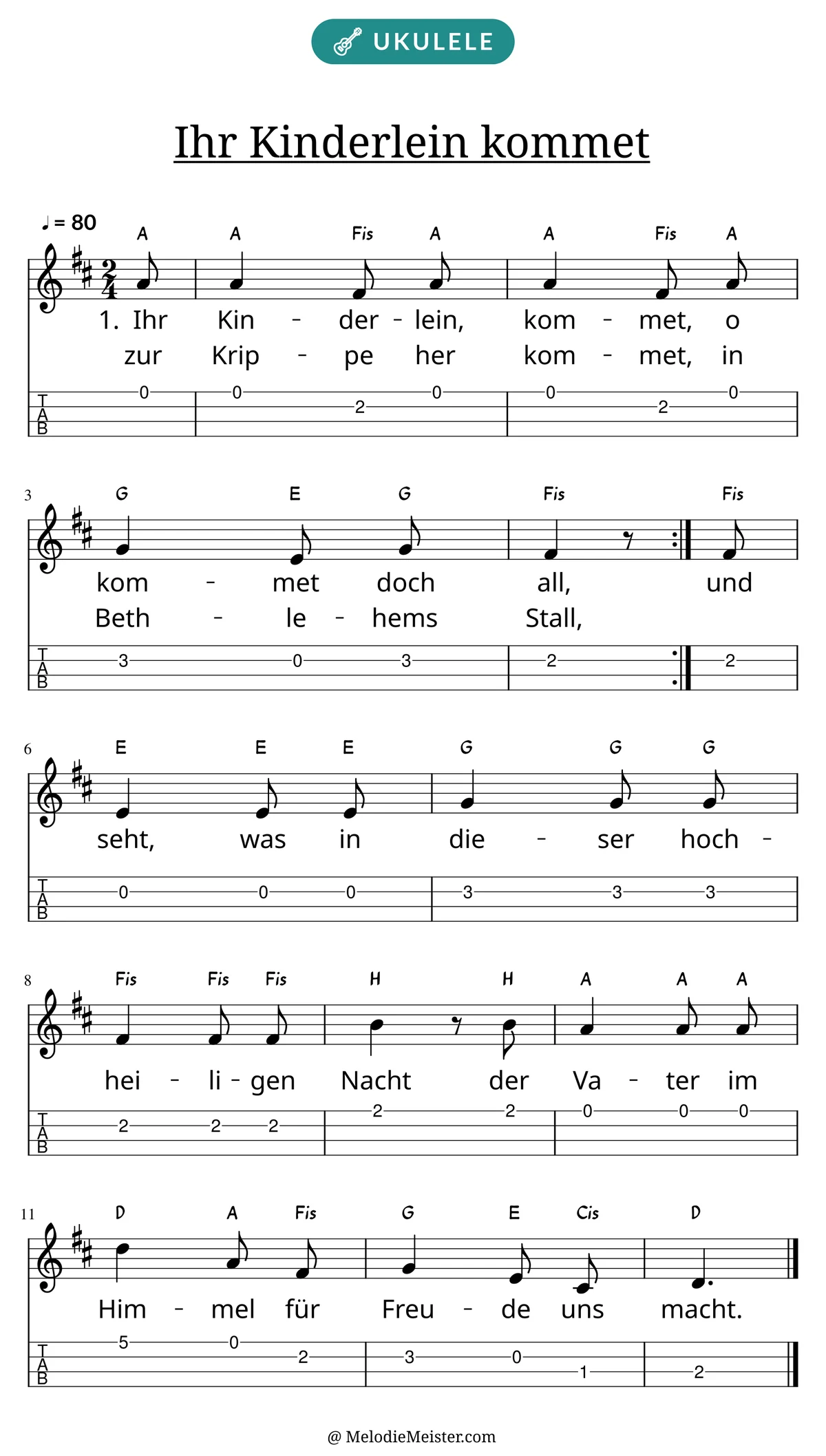Notenblatt „Ihr Kinderlein kommet“ für Ukulele: Melodie mit Buchstaben über den Noten, darunter der Liedtext der ersten beiden Strophen und die Ukulele-Tabulatur mit Bundzahlen.