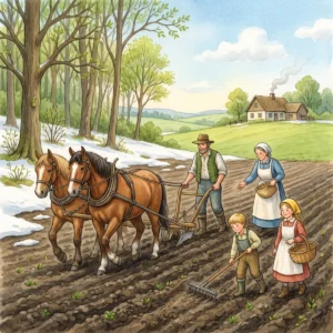 Ein Bauer pflügt mit zwei Pferden den Acker, seine Frau sät, zwei Kinder harken; am Waldrand liegt noch Schnee.