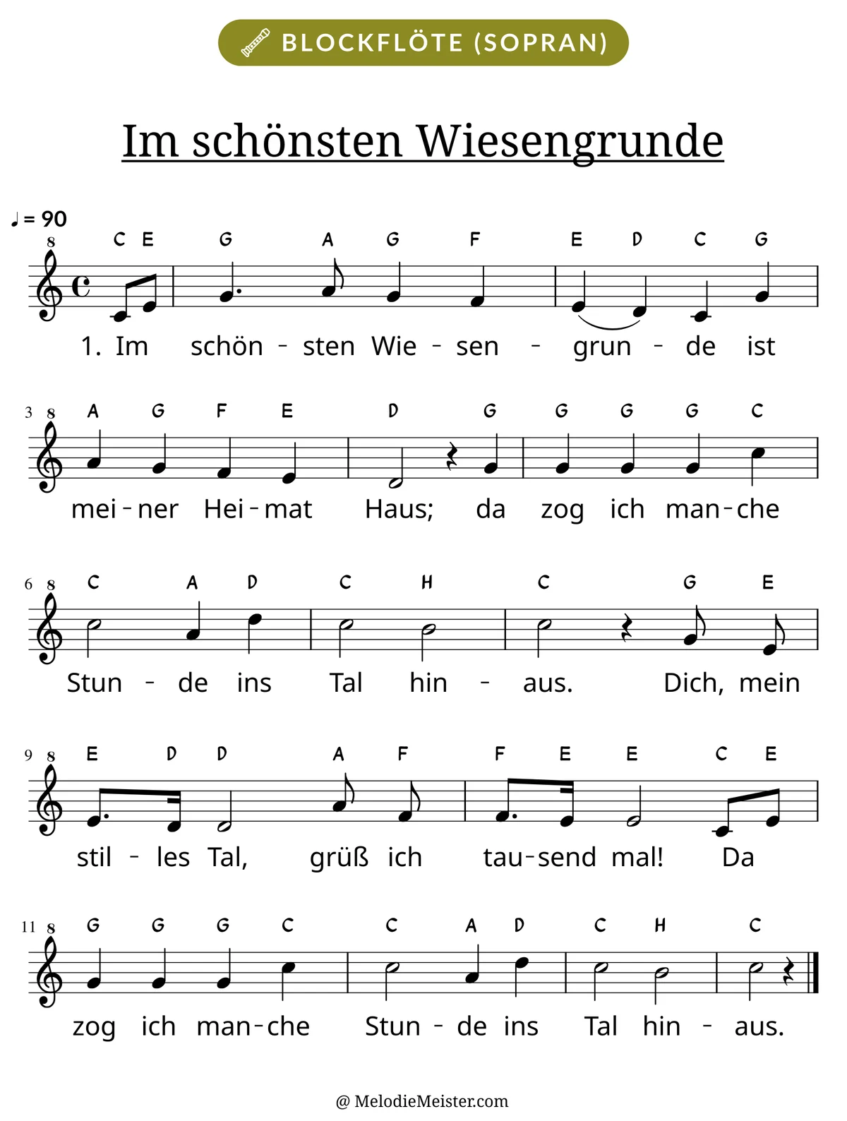 Notenblatt „Im schönsten Wiesengrunde“ für Blockflöte: Melodie mit Buchstaben über den Noten, darunter der Liedtext der 1. Strophe.