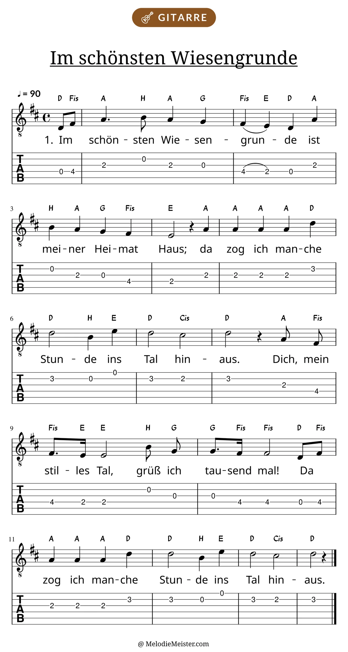 Notenblatt „Im schönsten Wiesengrunde“ für Gitarre: Melodie mit Buchstaben über den Noten, darunter der Liedtext der 1. Strophe und die Gitarren-Tabulatur mit Bundzahlen.