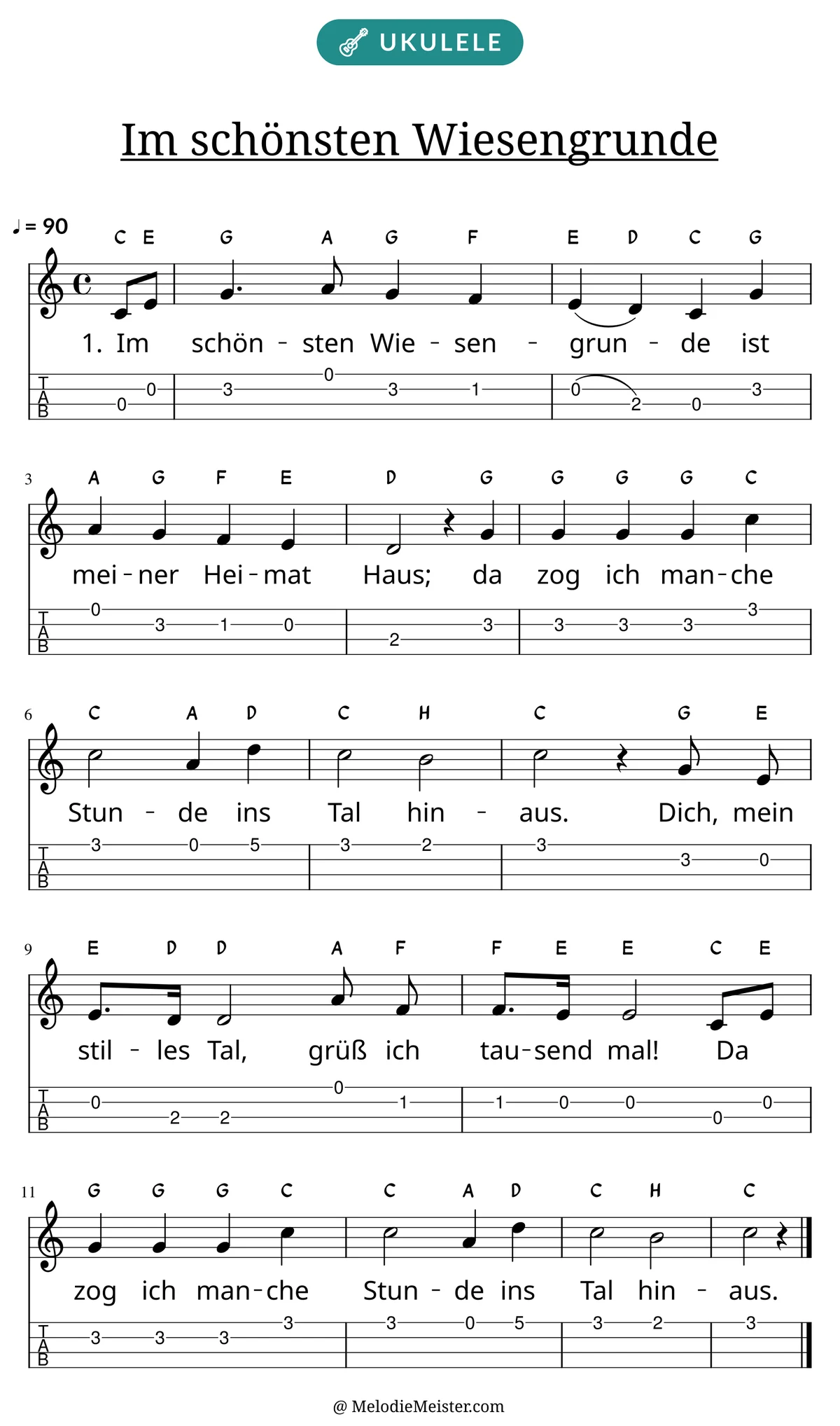 Notenblatt „Im schönsten Wiesengrunde“ für Ukulele: Melodie mit Buchstaben über den Noten, darunter der Liedtext der 1. Strophe und die Ukulele-Tabulatur mit Bundzahlen.