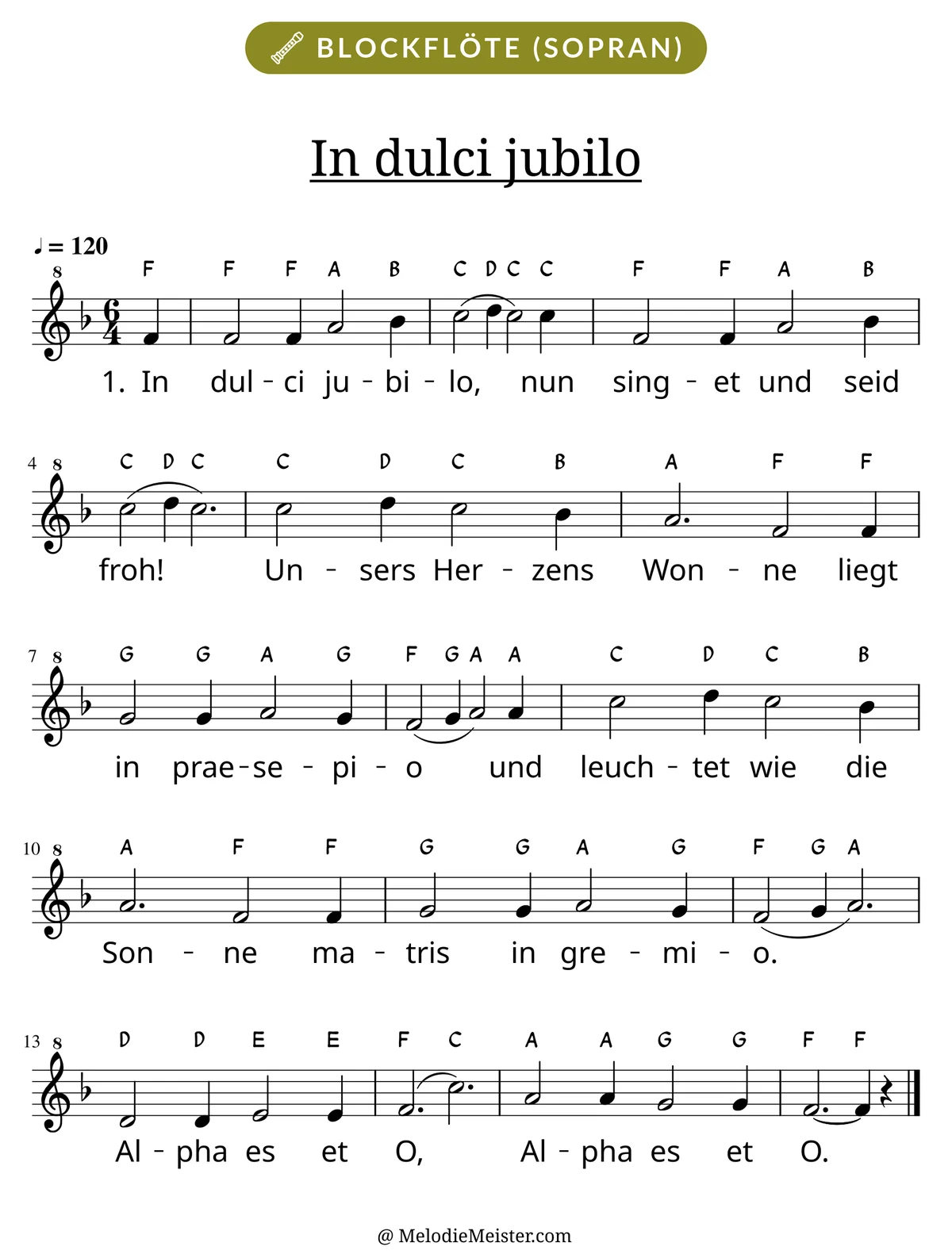Notenblatt „In dulci jubilo“ für Blockflöte: Melodie mit Buchstaben über den Noten, darunter der Liedtext der 1. Strophe.