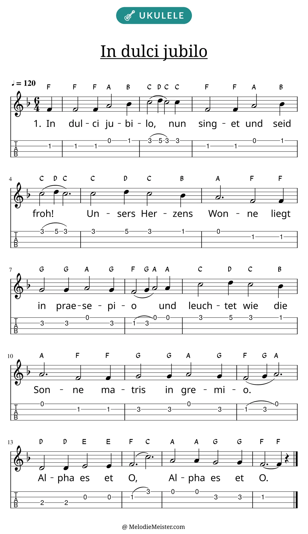 Notenblatt „In dulci jubilo“ für Ukulele: Melodie mit Buchstaben über den Noten, darunter der Liedtext der 1. Strophe und die Ukulele-Tabulatur mit Bundzahlen.