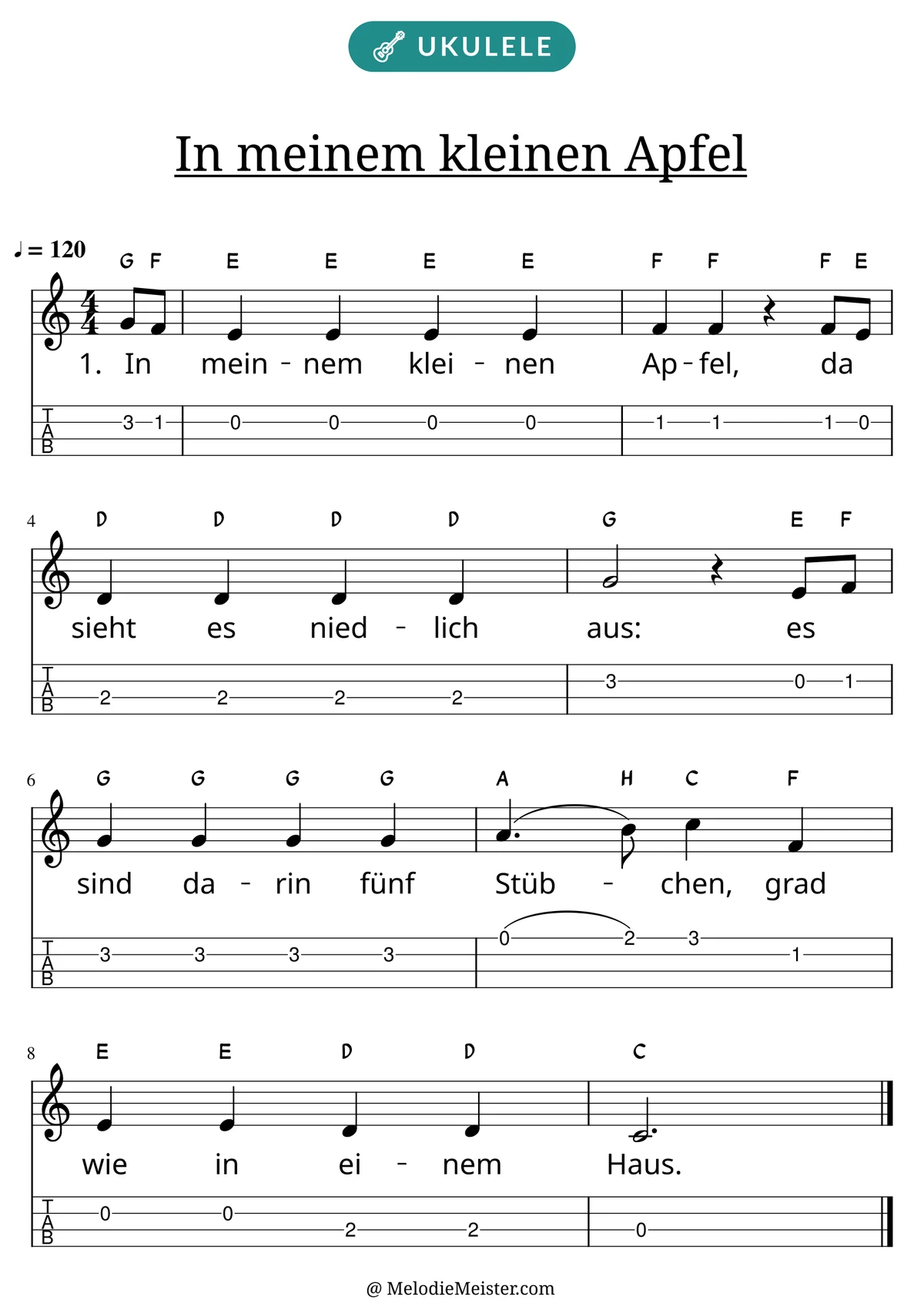 Notenblatt „In meinem kleinen Apfel“ für Ukulele: Melodie mit Buchstaben über den Noten, darunter der Liedtext der 1. Strophe und die Ukulele-Tabulatur mit Bundzahlen.