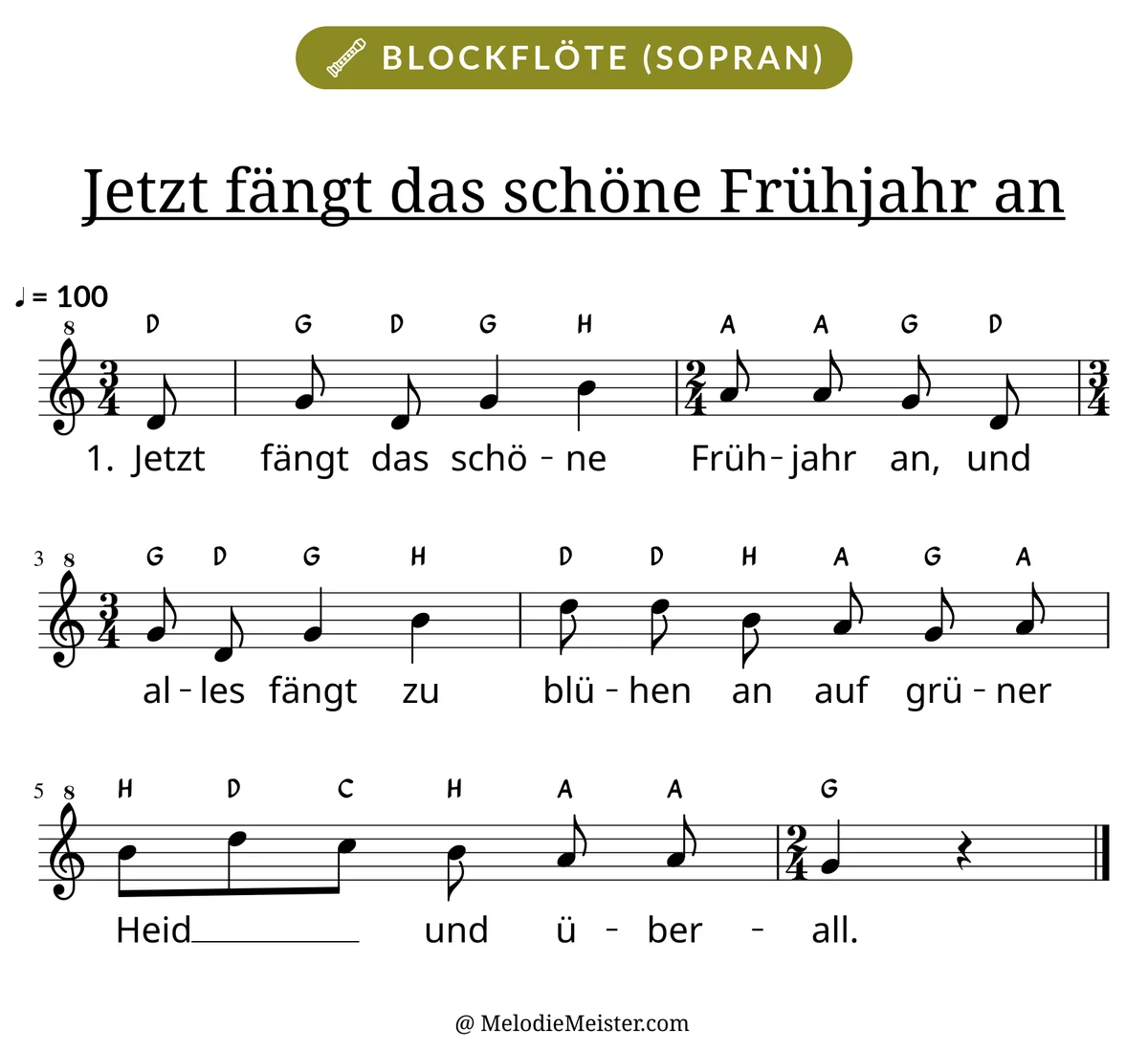 Notenblatt „Jetzt fängt das schöne Frühjahr an“ für Blockflöte: Melodie mit Buchstaben über den Noten, darunter der Liedtext der 1. Strophe.
