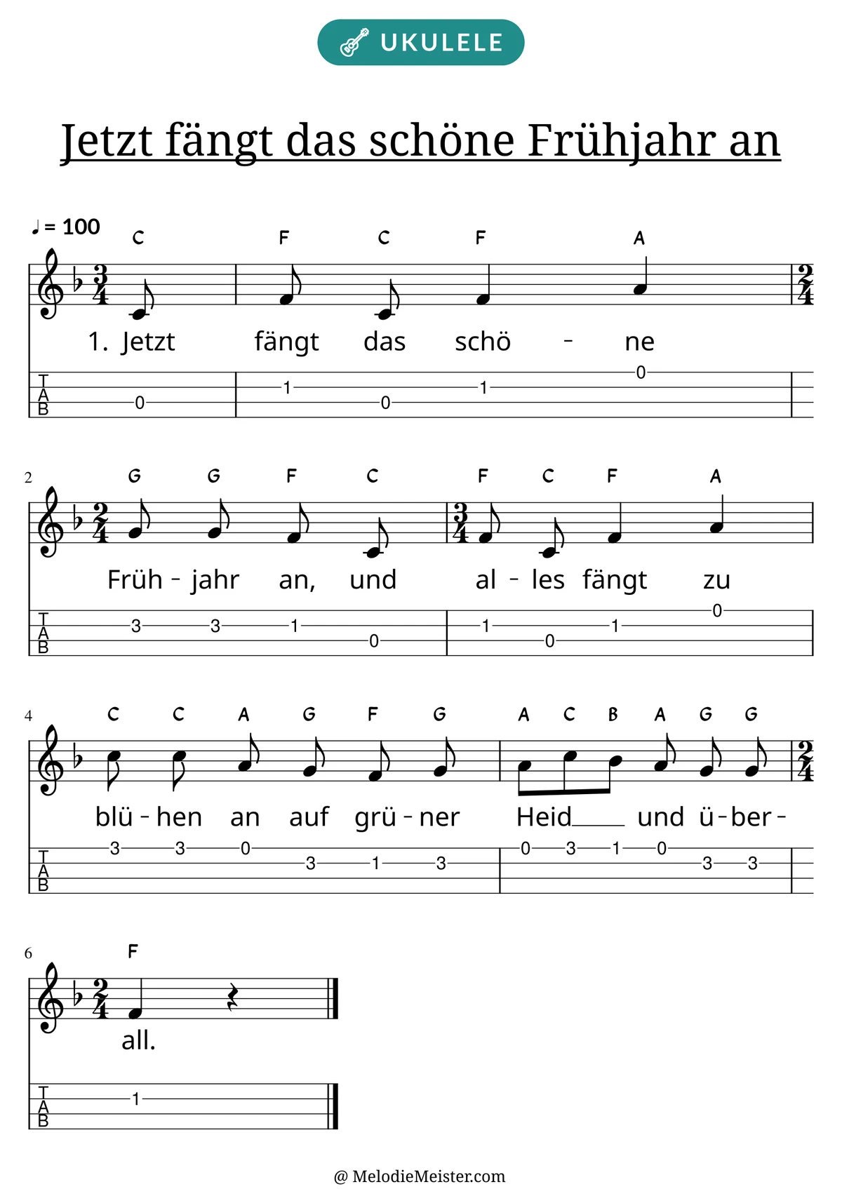 Notenblatt „Jetzt fängt das schöne Frühjahr an“ für Ukulele: Melodie mit Buchstaben über den Noten, darunter der Liedtext der 1. Strophe und die Ukulele-Tabulatur mit Bundzahlen.