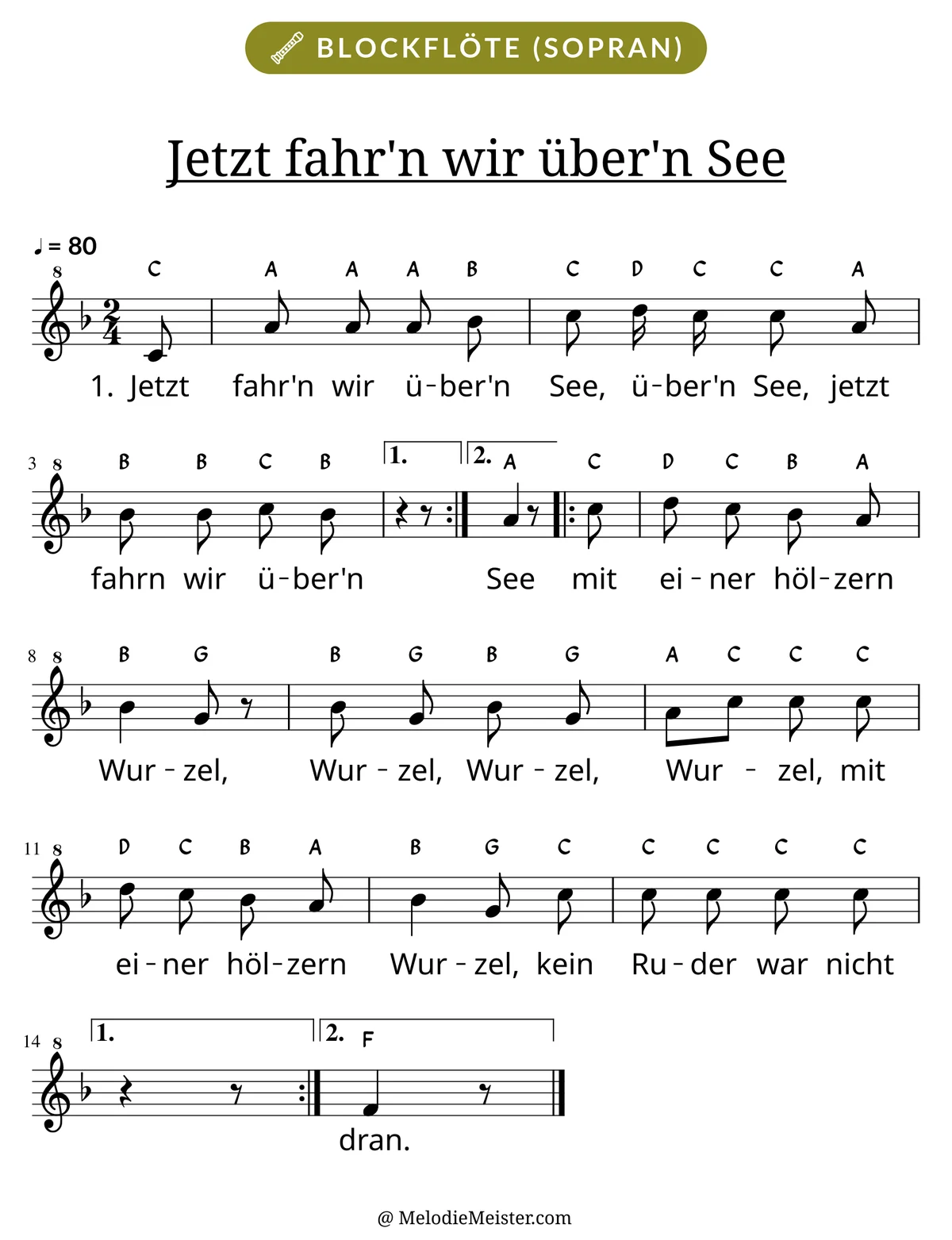 Notenblatt „Jetzt fahr'n wir über'n See“ für Blockflöte: Melodie mit Buchstaben über den Noten, darunter der Liedtext der 1. Strophe.