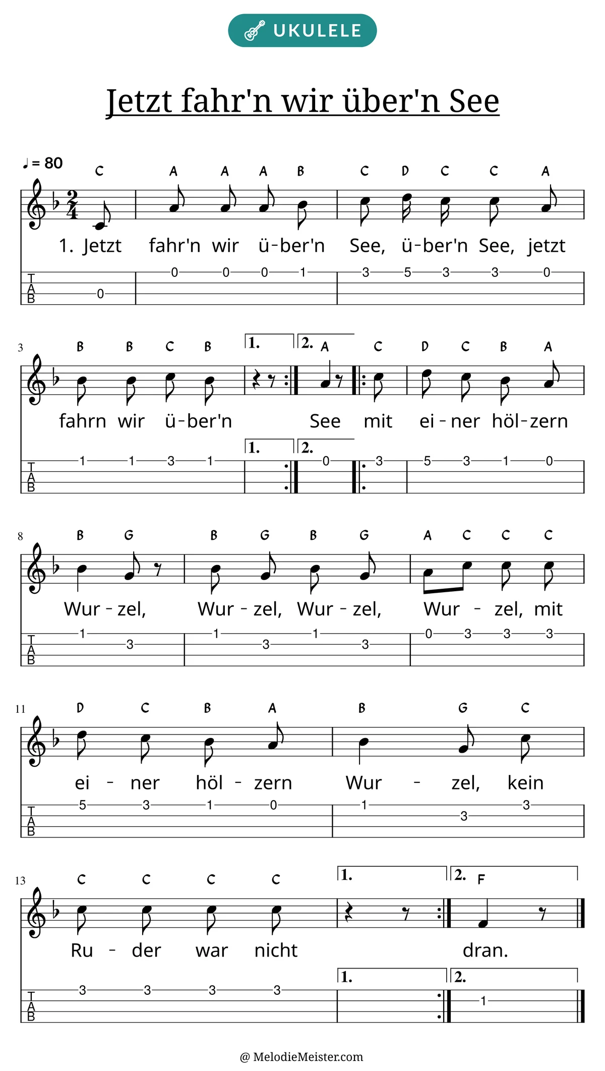 Notenblatt „Jetzt fahr'n wir über'n See“ für Ukulele: Melodie mit Buchstaben über den Noten, darunter der Liedtext der 1. Strophe und die Ukulele-Tabulatur mit Bundzahlen.