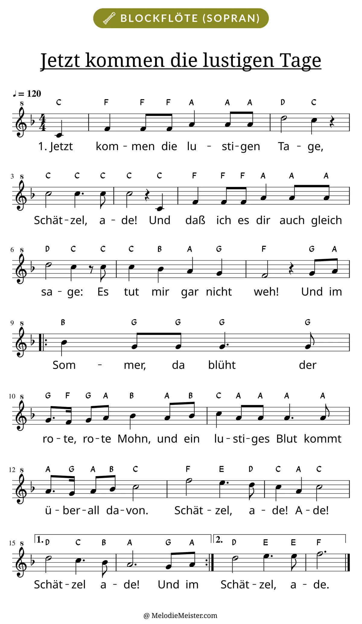 Notenblatt „Jetzt kommen die lustigen Tage“ für Blockflöte: Melodie mit Buchstaben über den Noten, darunter der Liedtext der 1. Strophe.